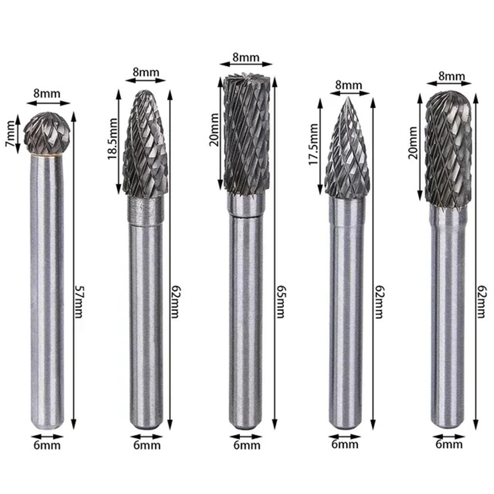 5pc ACDFG 6 * 8mm Carbide Rotary Burrs Set 6mm Shank Carving Bit Double Cutter Rotary File Super Hard For Metal Wood Stone Cut
