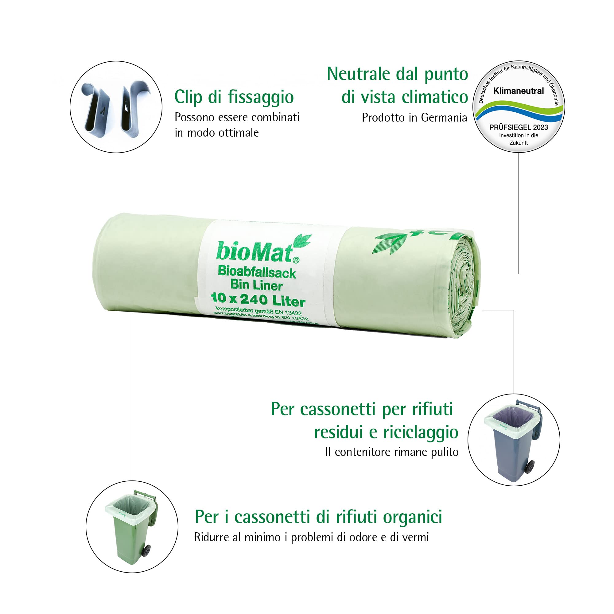 bioMat Sacchi per la Spazzatura 240l Compostabili, 100 Sacchi per Bidone dell’ Umido, Bidone per Rifiuti Residui, Qualità Premium, Neutrali dal Punto di Vista Climatico, Made in Germany