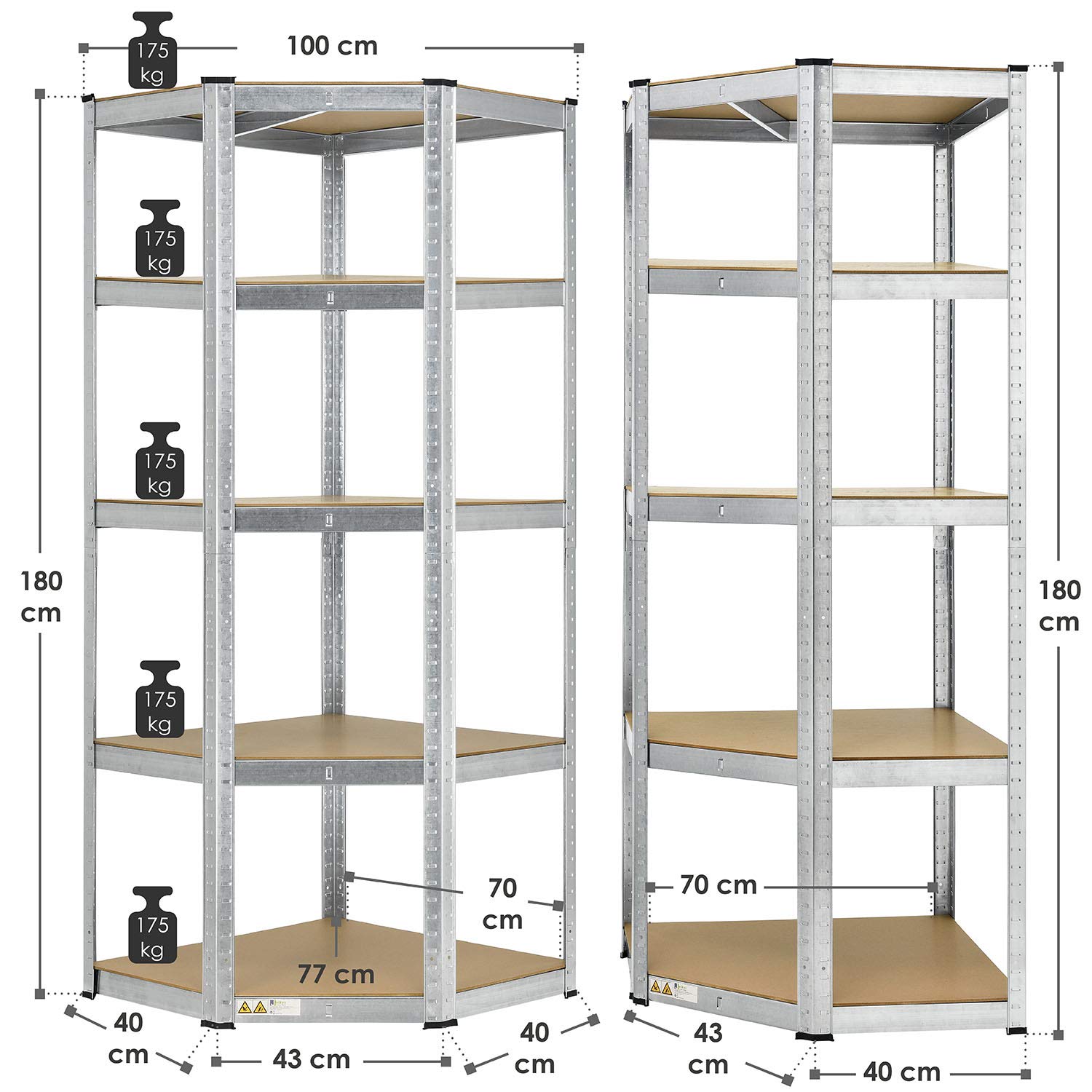 Juskys Eckregal Opbergrek Corner Basic 180 x 70 x 40-70 cm (H x B x D) - 875 kg - 5 planken - Verzinkt metaal - Schwerlastregal Steckregal Kelderrek - Grijs