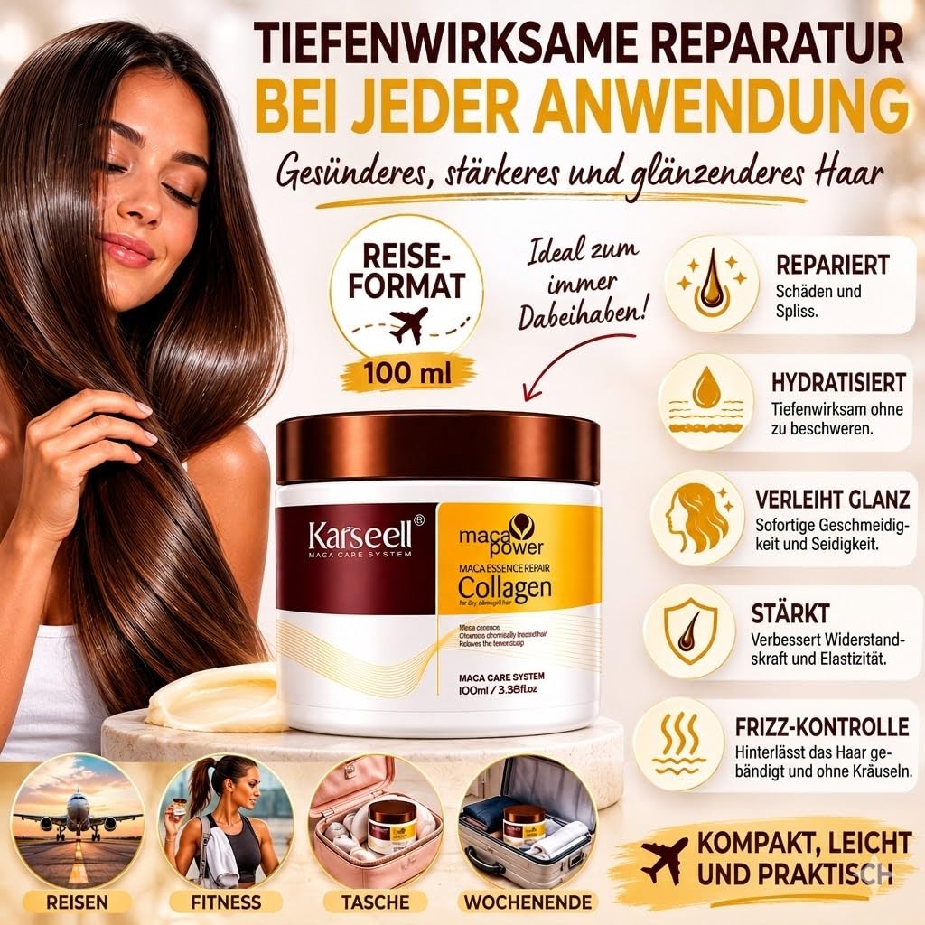 Karseell MACA CARE SYSTEM Set Haarmaske Kollagen 100ml + Arganöl-Serum 50ml Kokos Maca Tiefenreparatur Intensive Feuchtigkeit Anti Frizz Trockene Geschädigte Haare Professionelle Pflege Reisegröße