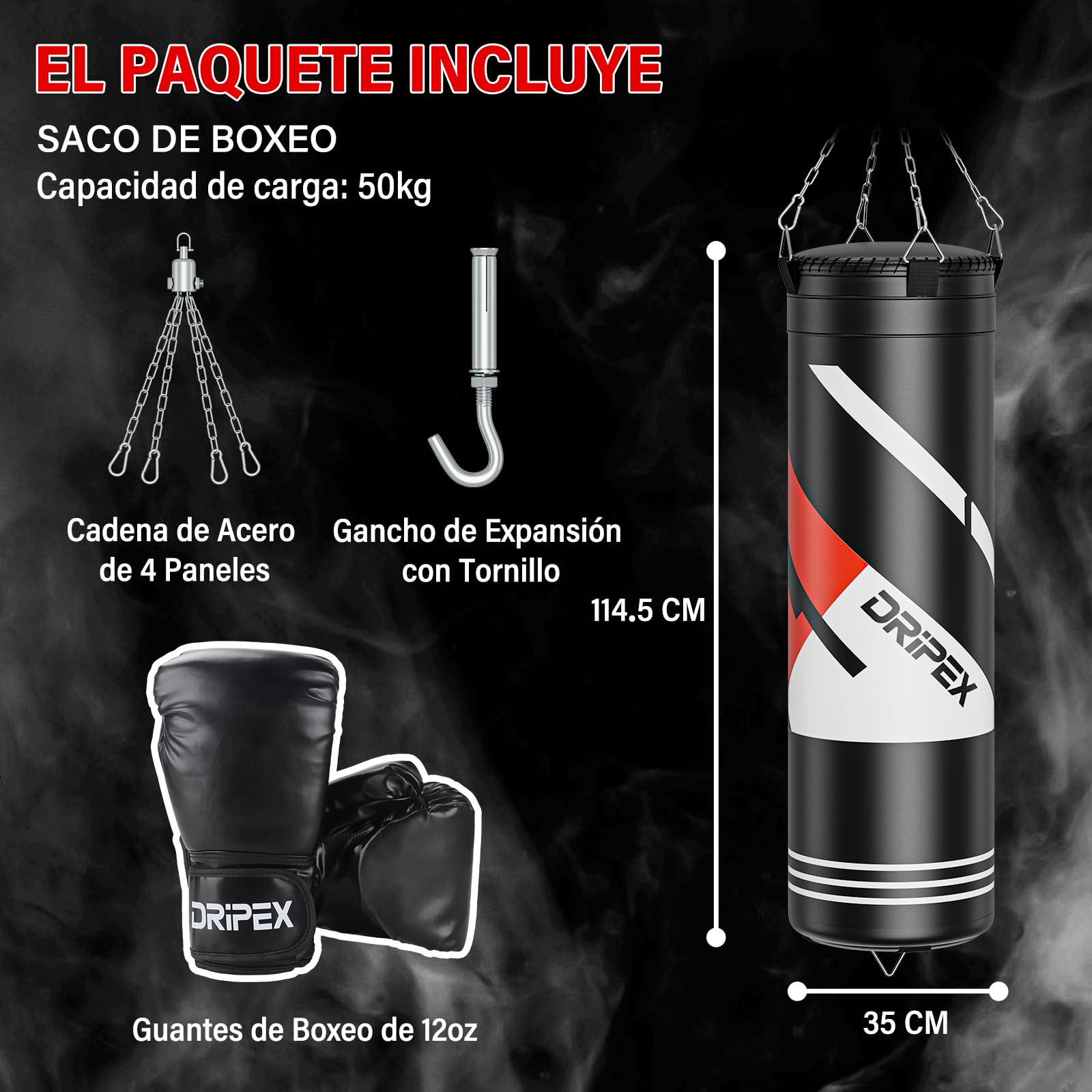 Dripex Saco de Boxeo Colgante para Adultos, Equipo de Entrenamiento de Saco Boxeo con 12oz Guantes, Cadena de Acero Giratoria de 360° para Kárate Kickboxing Muay Gimnasio en Casa