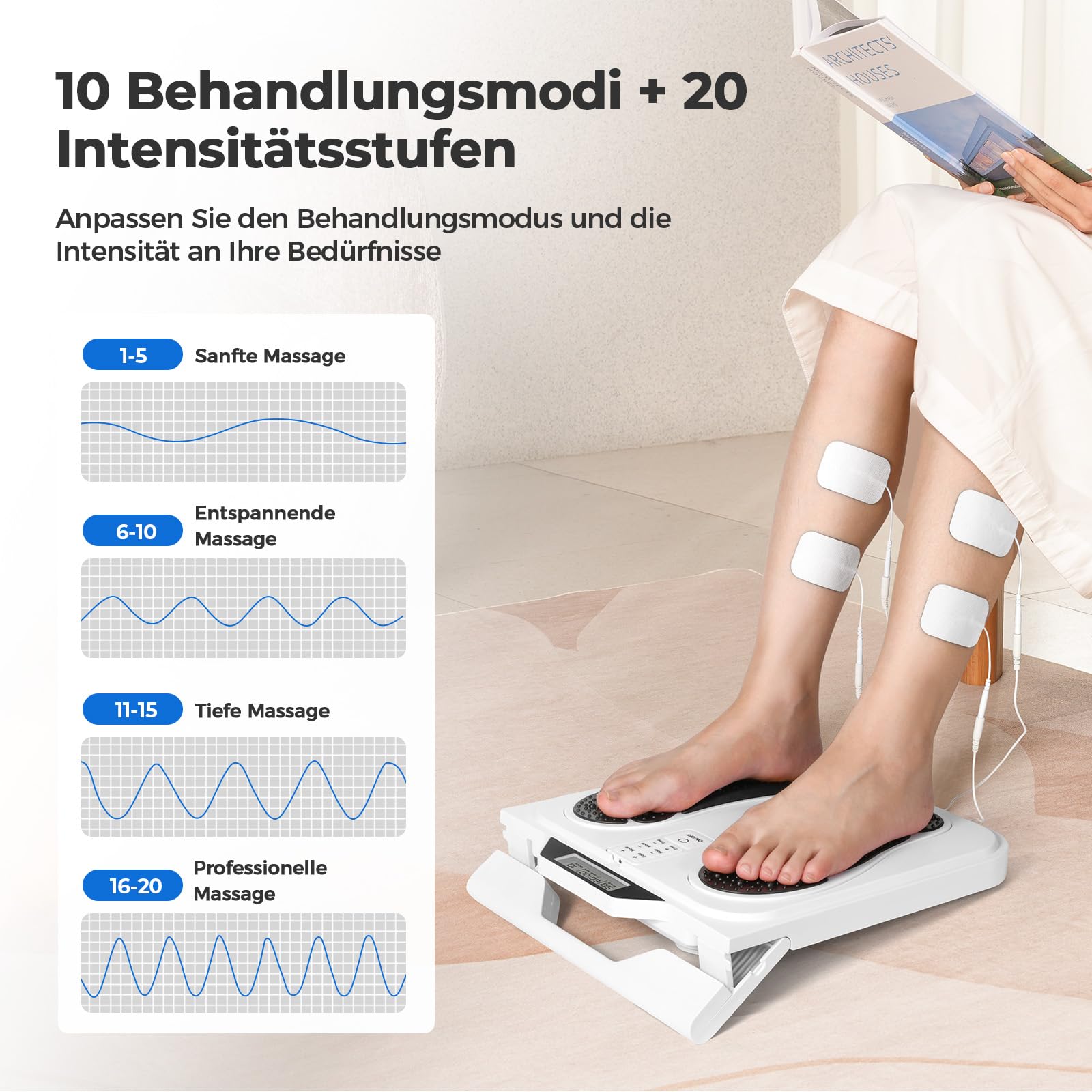 Appareil de massage électrique pour les pieds Stimulateur de circulation avec EMS et TENS, avec 10 modes, 50 niveaux d'intensité et 4 électrodes pour soulager la douleur et favoriser la circulation