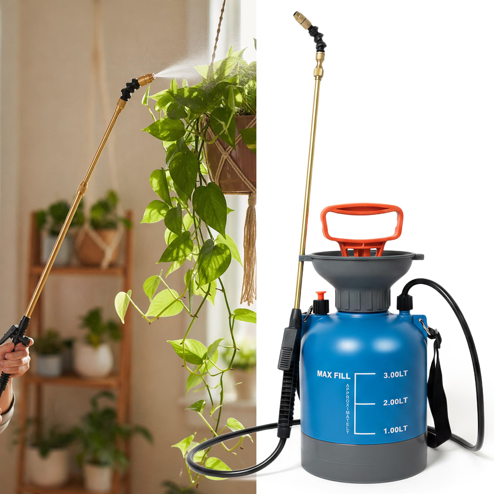 Riego de plantas de alto alcance para plantas colgantes de interior, pulverizador de presión de bomba telescópica con varita de latón y boquilla de riego ajustable de 180°, dispositivos de riego