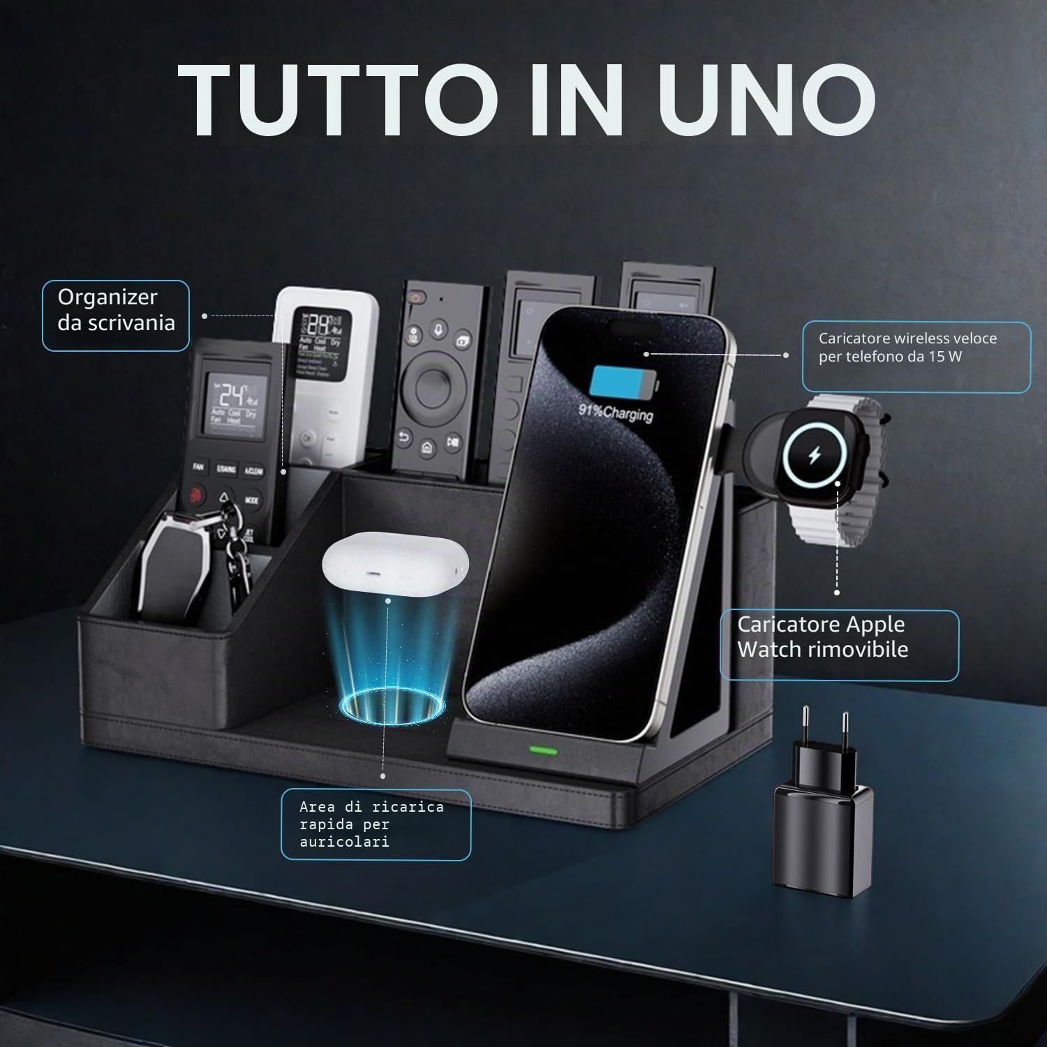 GORESE Organizer da scrivania 3 in 1 con stazione di ricarica induttiva in pelle per ufficio, 30 W ricarica wireless per iPhone 16/15/14/13/12/11/Pro/Max/XS iWatch7/6/5/4/3 AirPods3/2 AirPods 3/2/Pro