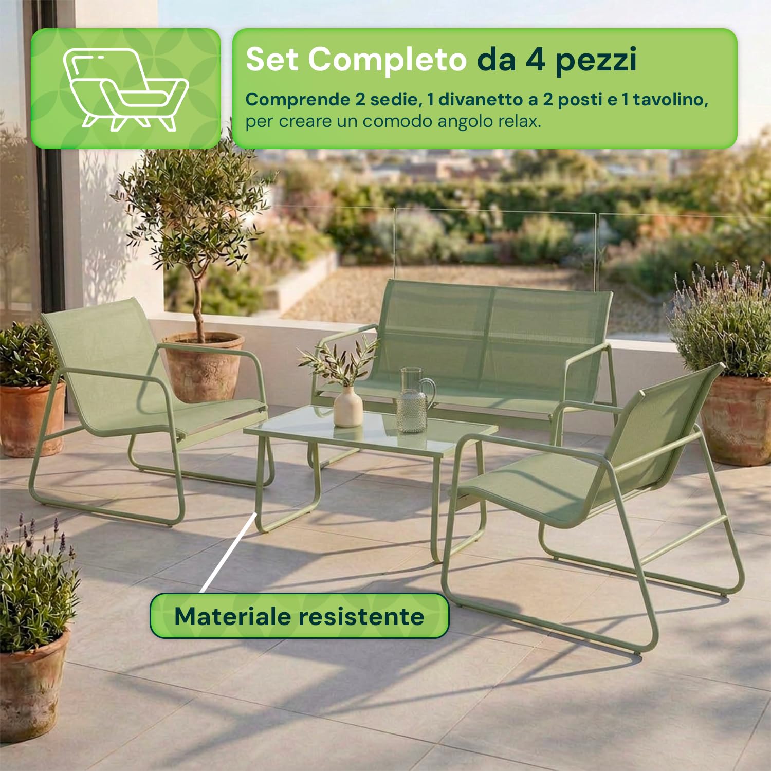 Avilia - Set da Giardino Esterno 4 Pezzi – Divanetto, 2 Sedie e Tavolino Esterno, Struttura Ferro, Seduta Texilene | Set Divano Giardino con Piedini Regolabili, Portata 240/120/60 kg (Khaki)