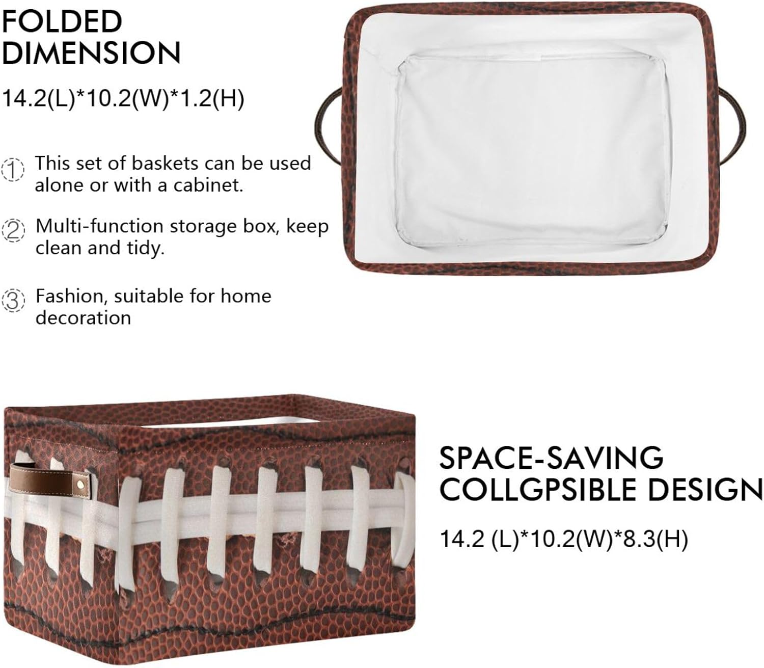 Storage Basket Bin American Football Cool Organizer Basket Collapsible Shelf Basket Cube with handle for Nursery Bedroom Bathroom, one sizex1 image 3