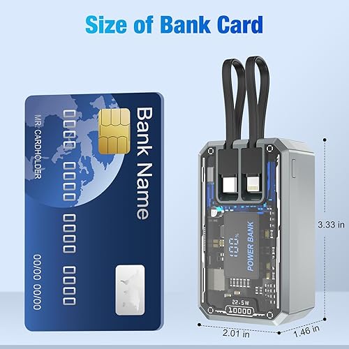 Miniatura 2 de Cargador portátil de 10000 mAh, 22.5 W de carga rápida con cables integrados, batería externa transparente, cargador de teléfono portátil para