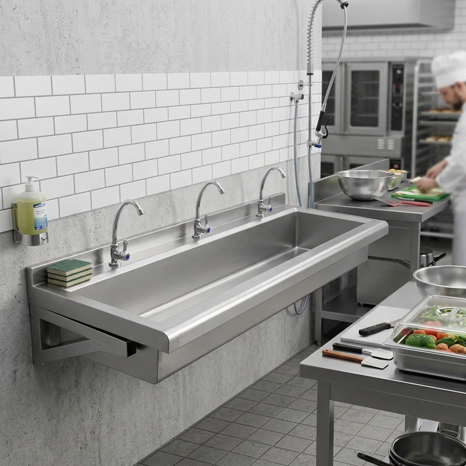 Générique Évier-Auge Professionnel en Acier Inoxydable avec robinets, Lave-Mains collectif Robuste et allongé, Évier Utilitaire Mural pour Restaurant, école, Cuisine ou sanitaires publics