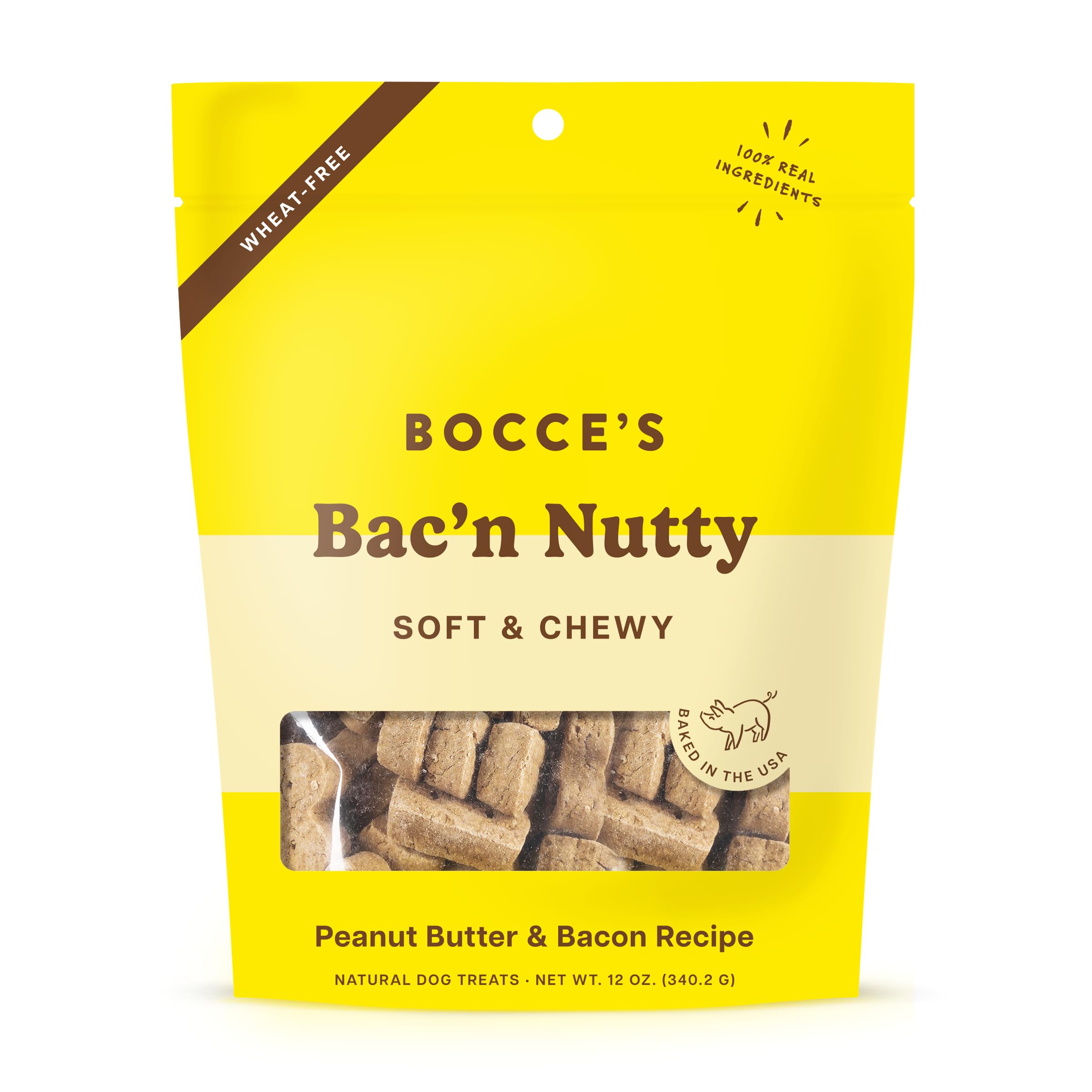 Bocce's Bakery Bac’n Nutty All-Natural Soft & Chewy Dog Treats – PB + Bacon Flavored Wheat-Free Everyday Dog Wellness Cookies – Made with Limited Real Ingredients and Baked in The USA (12 oz Bag)