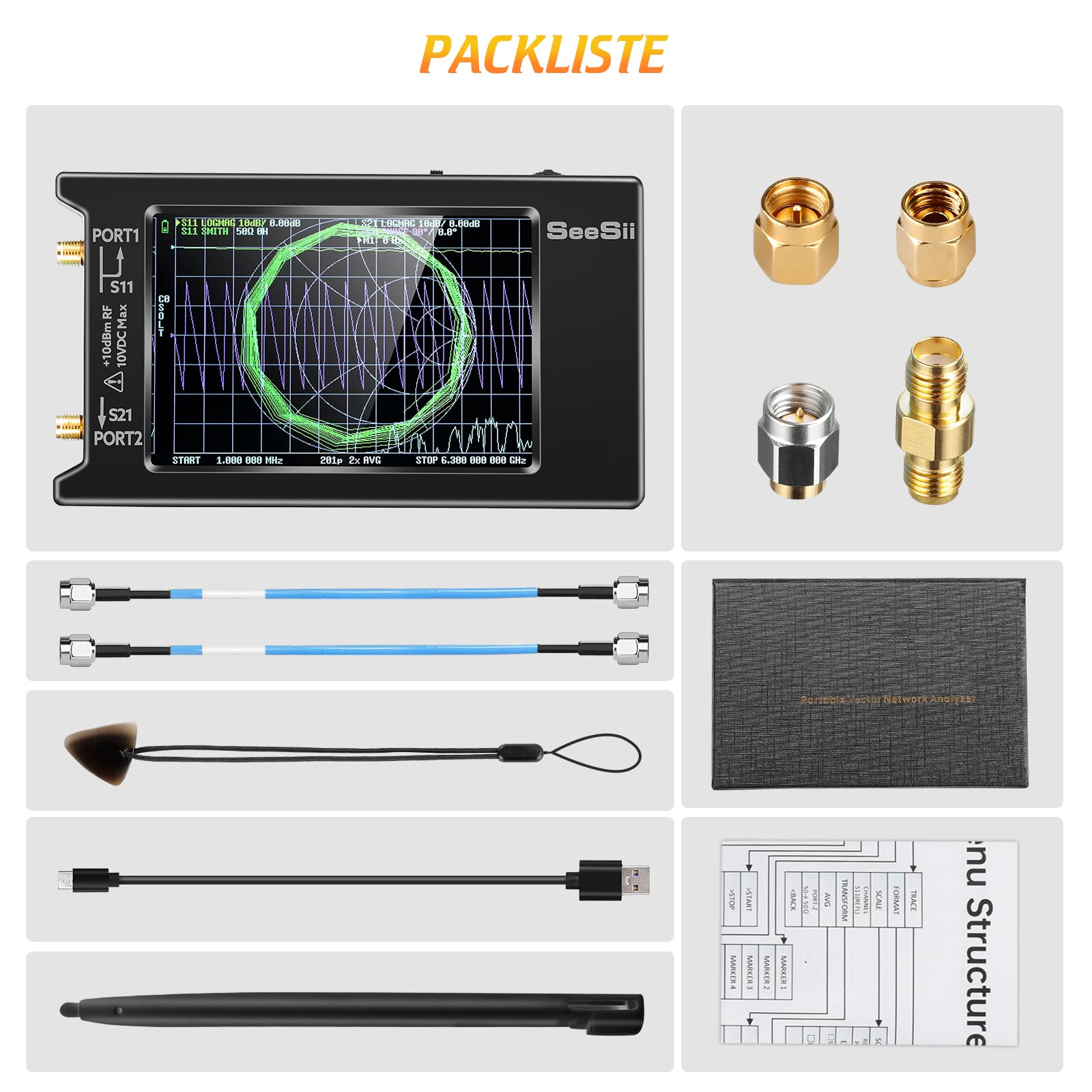 Seesii LiteVNA Vektor Netzwerk Analysator, Verbesserter 4 Zoll Antennen Analysator 50kHz-6,3GHz mit MicroSD-Steckplatz, Messung Smith Chart S Parameter HF VHF UHF SWR Phase Delay