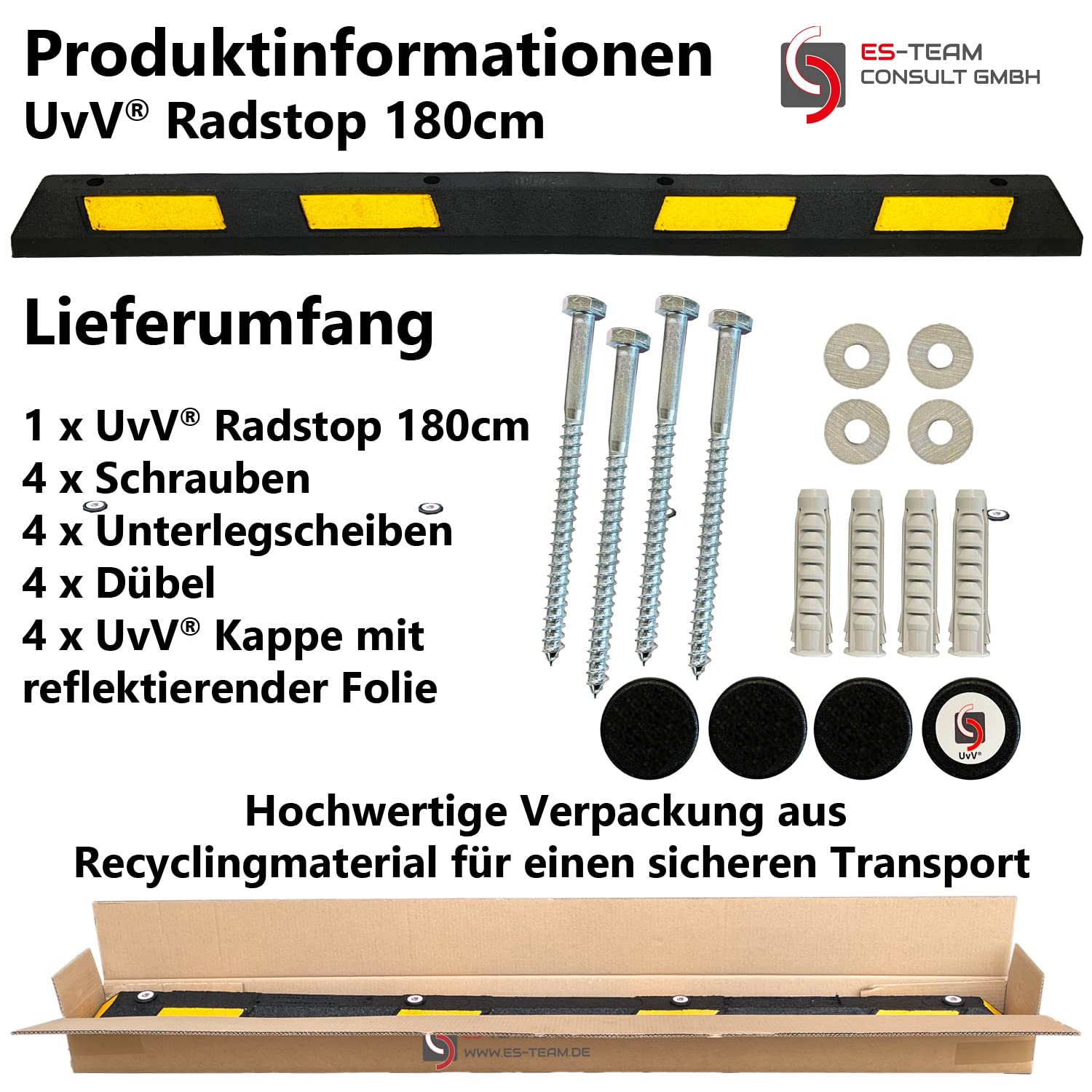 UvV Wheel - Parkstop Radstop 180cm in gelb/schwarz + Befestigung + Verschlussstopfen für die oberen Öffnungen
