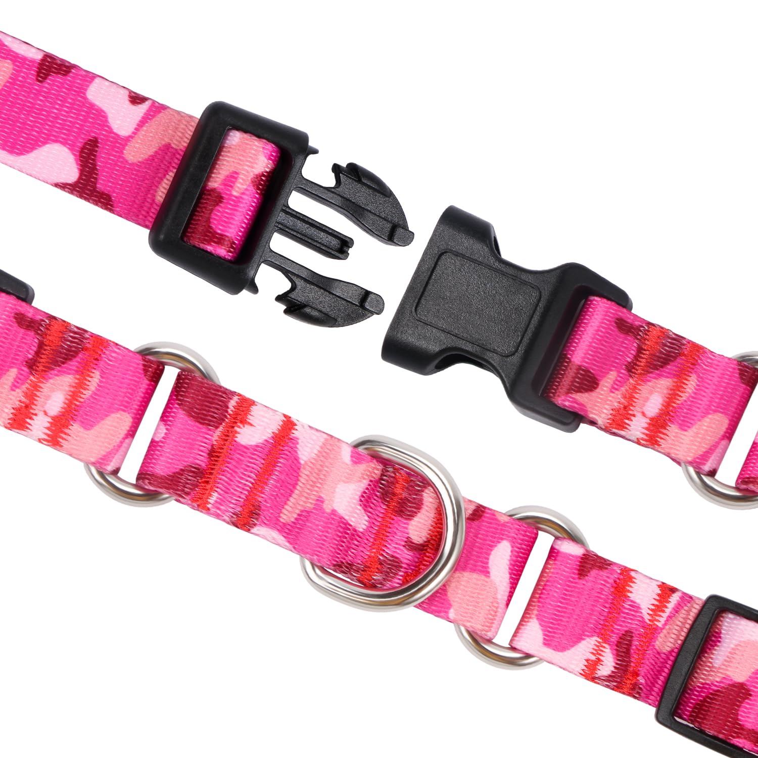 Rhea Rose Dog Martingale Collar with Quick Release Buckle, Adjustable Soft Escape Proof Training Collar, Pink Camouflage, Medium