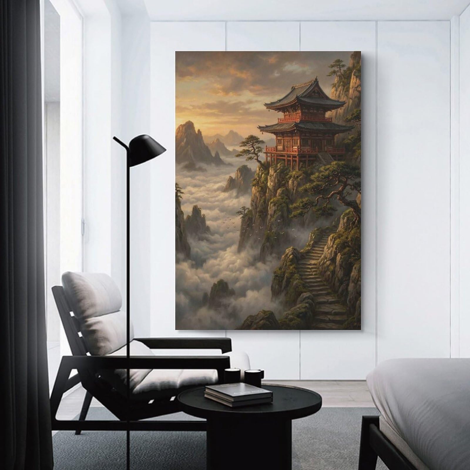 Junmoney Unframe-Style Serene Mountain Temple At Sunrise Wall Decor Canvas Print, 20X30inch(50X75cm), For Lounge, Bedroom Or Personal Spaces, Thoughtful Wall Decor For Art Lovers