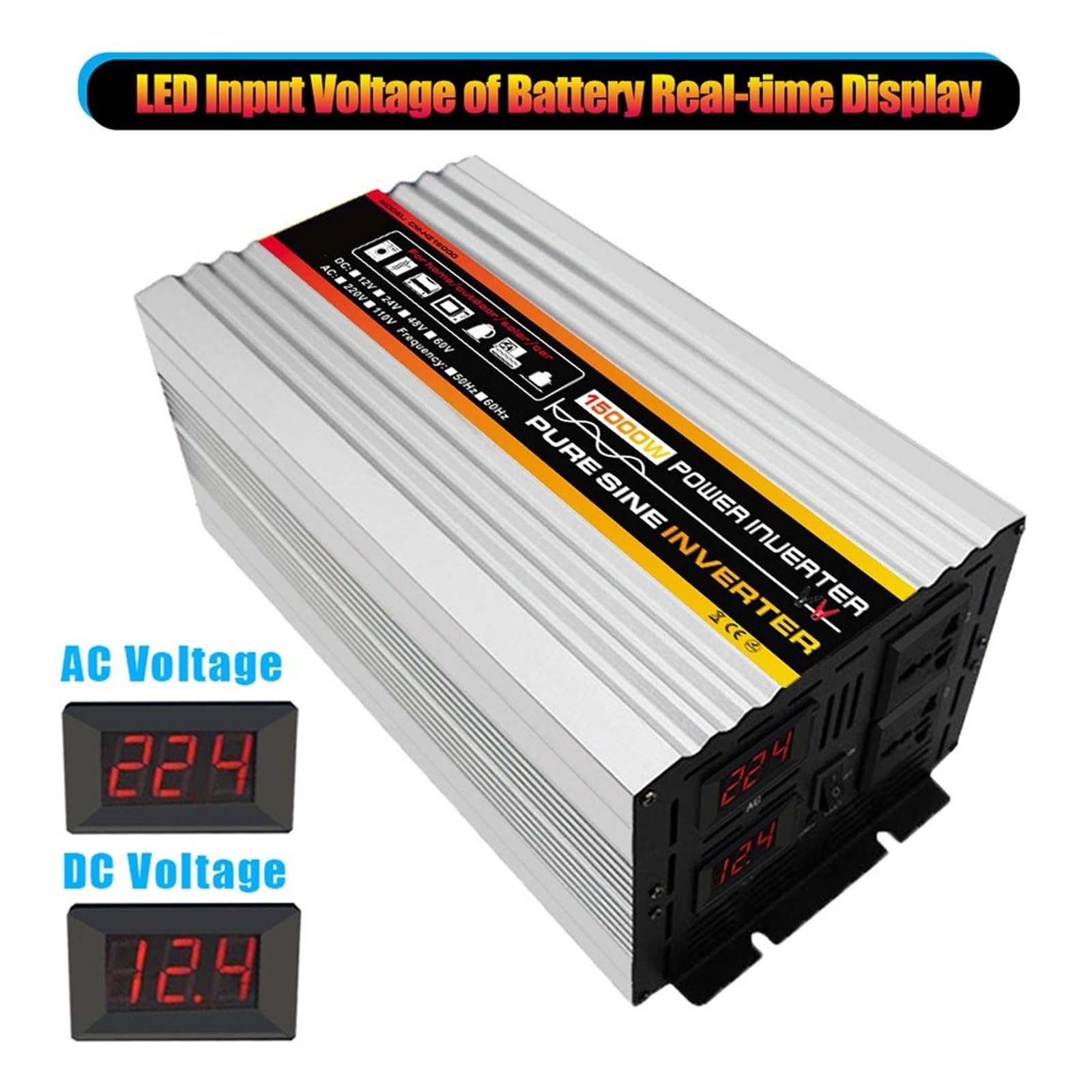 Inverter A Onda Sinusoidale Pura da 10000 W / 20000 W Convertitore da 12 V CC A CA Trasformatore di Tensione Inverter Solare for Auto con Doppia Presa(15000W-12V)