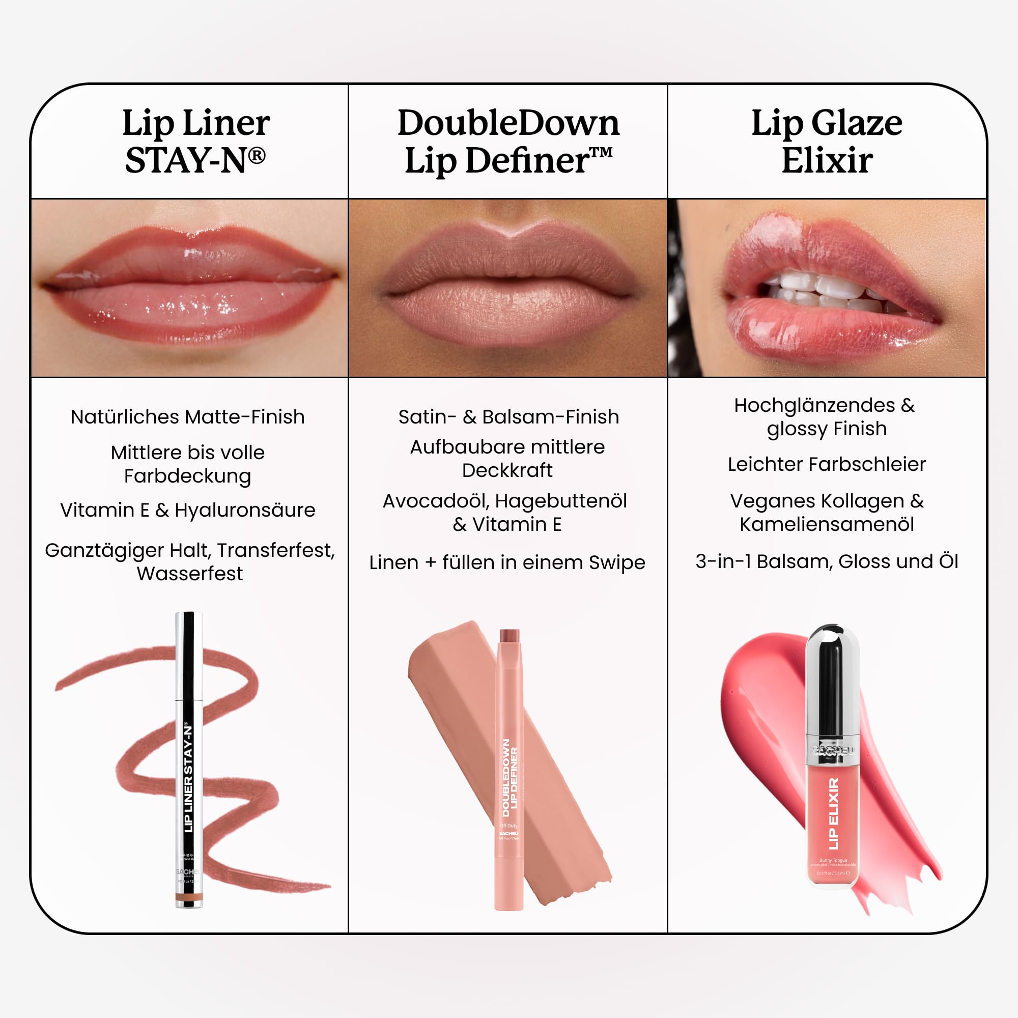 Sacheu Lip Liner STAY-N Peel Off Lip Stain Set, Core-Set, 3er-Pack | Farbtöne p-INKED (Rosa), HEY-zel (Goldbraun) & MUAH-VE (Mauve), wasserfest, wischfest, matt