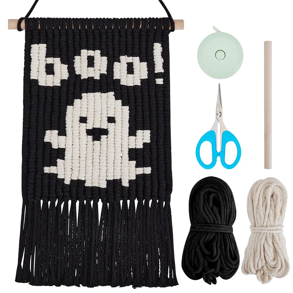 WEBEEDY 1 Set DIY Halloween Macrame Kits Ghost Wall Hanging Kit Handmade Macrame Kit for Beginners with Step-by-Step Video Tutorials Halloween Ghost Wall Hanging Ornaments for Home Room