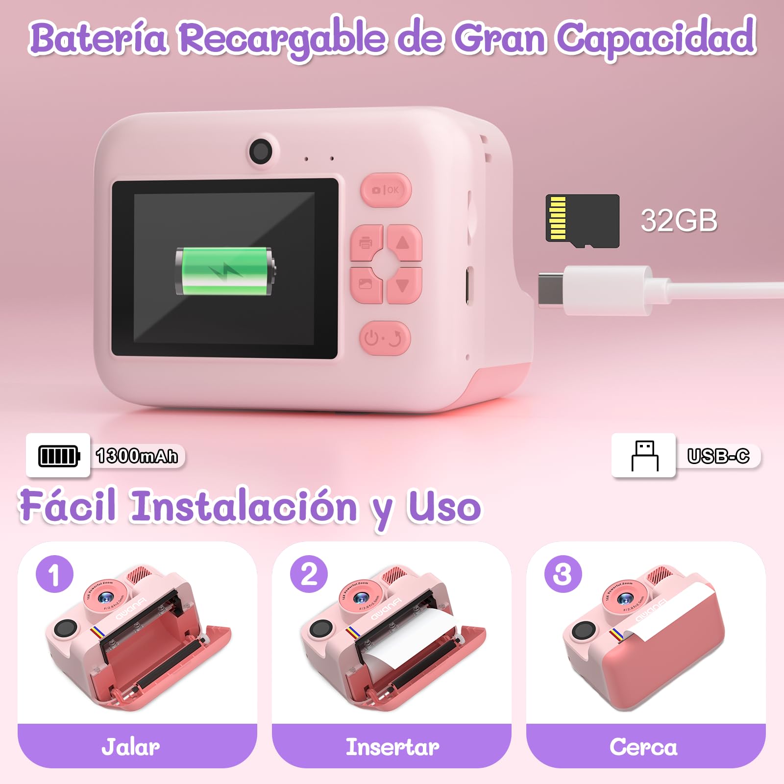 Camara Fotos Infantil Instantanea, 2,4 Pulgada Cámara de Fotos para Niños, con Tarjeta de 32G, 3 Rollos de Papel de Impresión, 1080P Cámara Instantánea, Regalo para Niños y Niñas de 3 a 12 Años