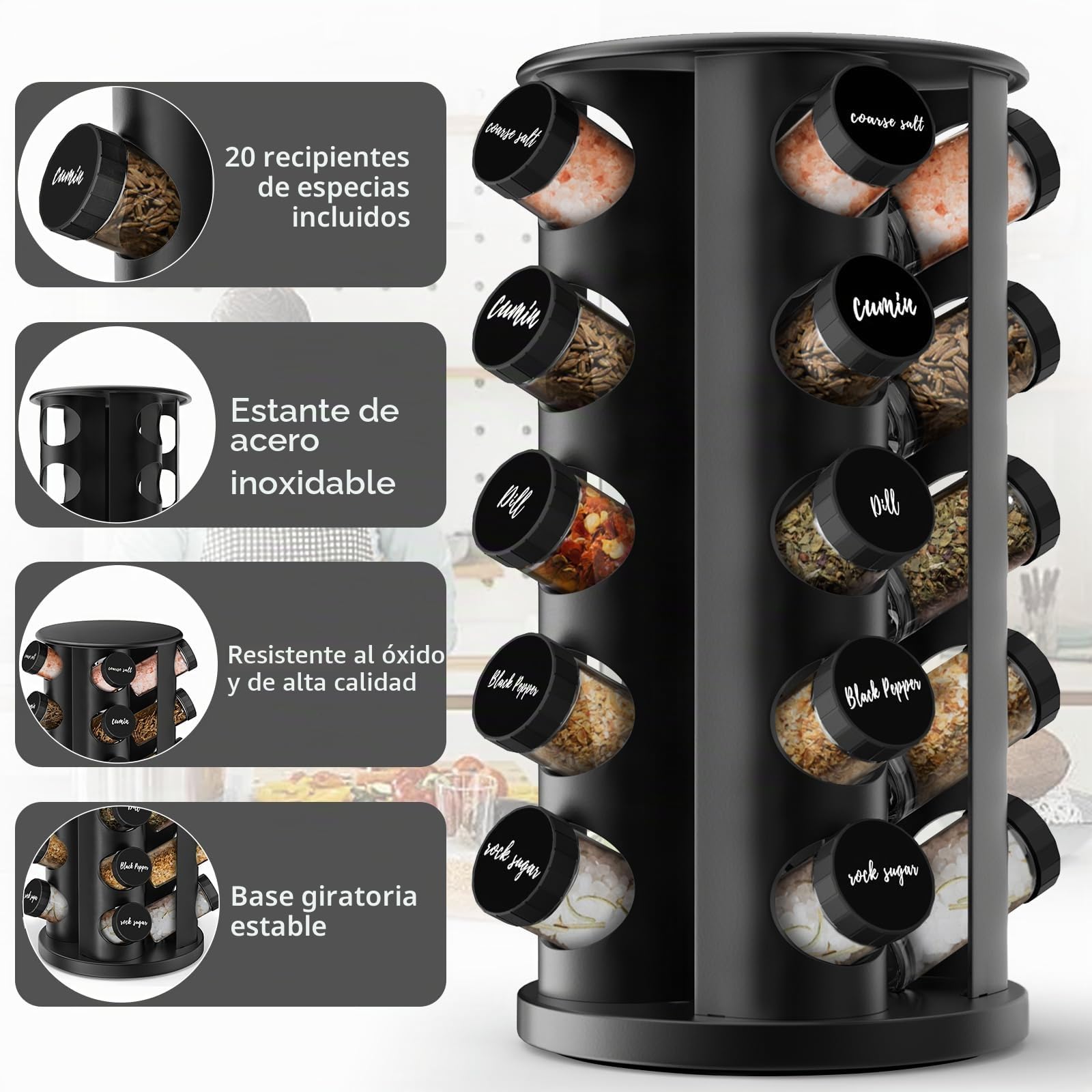 Estante giratorio de especias con 20 vasos de especias,Acero inoxidable | Estante giratorio, Con pegatinas, Funda plegable, Para placa de trabajo o armario