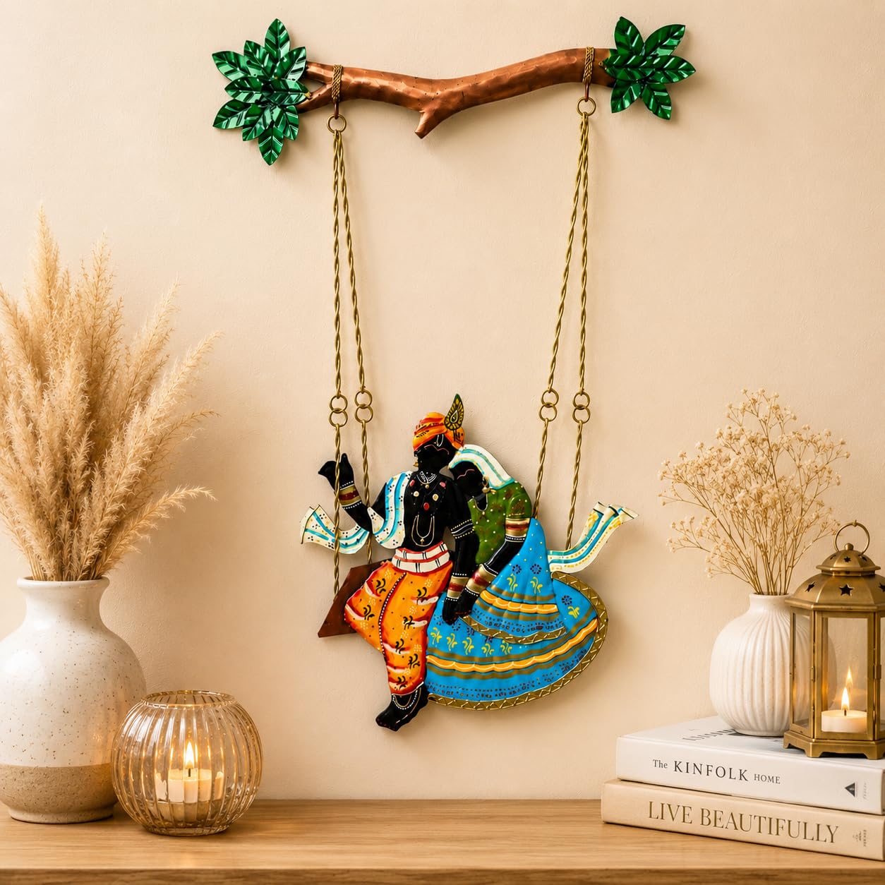 pranjals house Radha Krishna Jhula Wall Decor Handmade Metal Wall Hanging, Indian Traditional Swing Wall Art for Living Room, Bedroom, Entryway, Pooja Room Decoration, 25 Inch-image-11