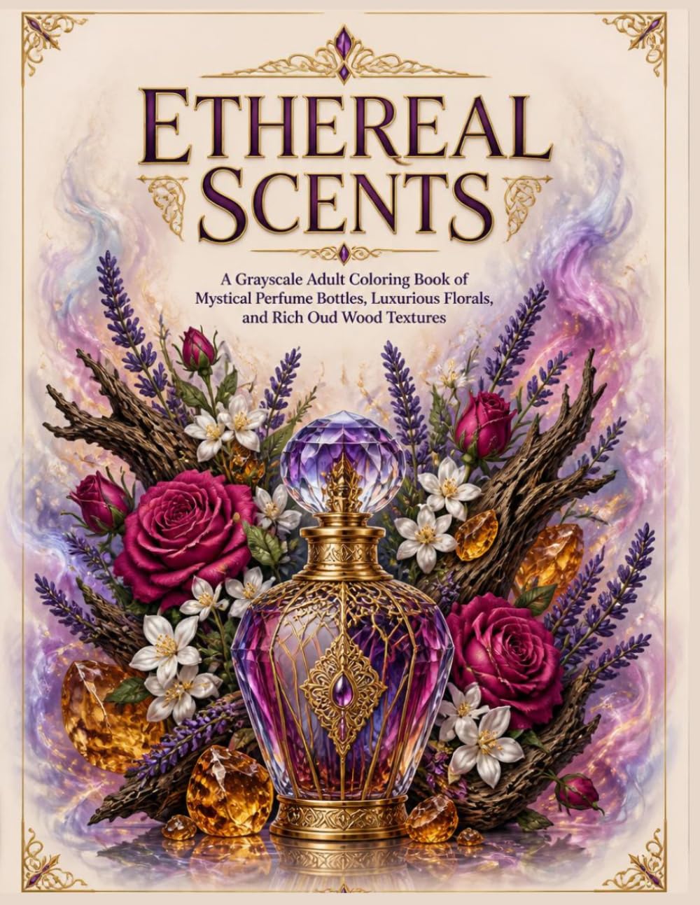 Ethereal Scents: A Grayscale Adult Coloring Book of Mystical Perfume Bottles, Luxurious Florals, and Rich Oud Wood Textures (Intricate Mystique)