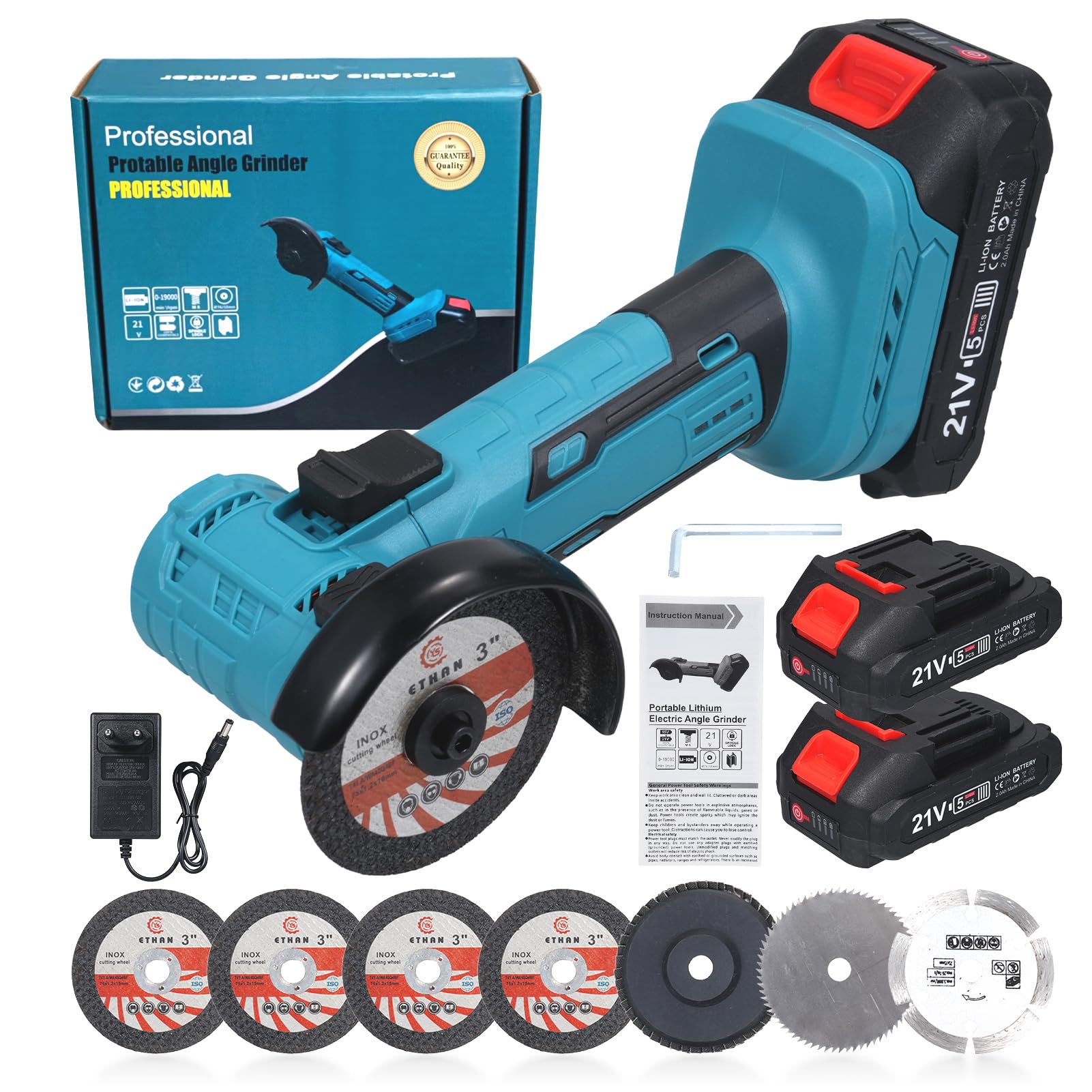 Cordless Angle Grinder Kit, 19000rpm Brushless Mini Angle Grinder with 2PCS 2000mAh Battery & 7pcs Cutting Discs, 21V Electric Cordless Grinder Tool