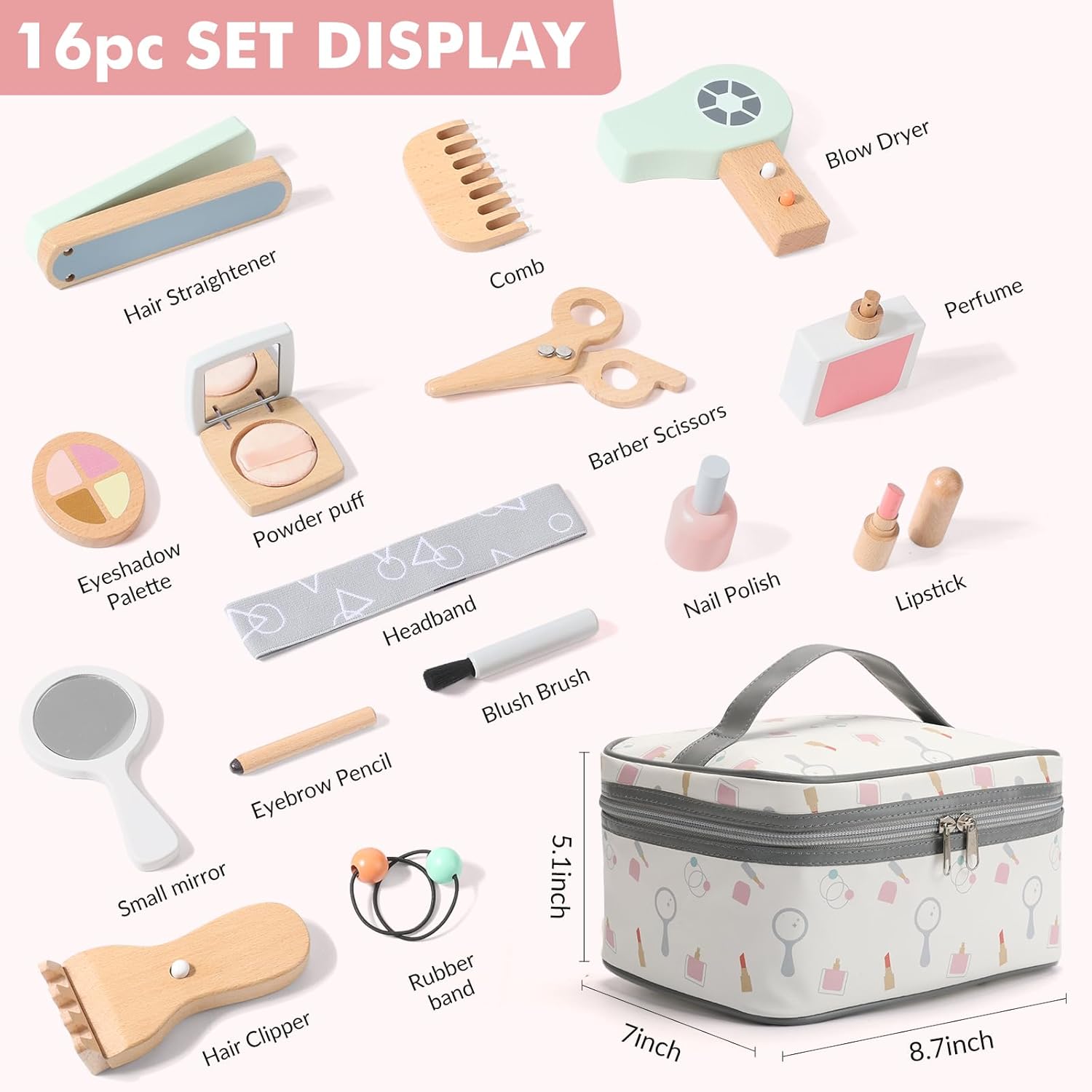 nunukids Wooden Makeup Toy Set Pretend Wood Beauty Salon Toys Toddler Wooden Makeup Kit for Girls 16PC