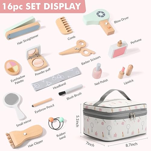 Miniatura 3 de Juego de Juguetes de Maquillaje de Madera Fingir Juguetes de Salón de Belleza de Madera para Niños Pequeños Kit de Maquillaje de Madera para Niñas