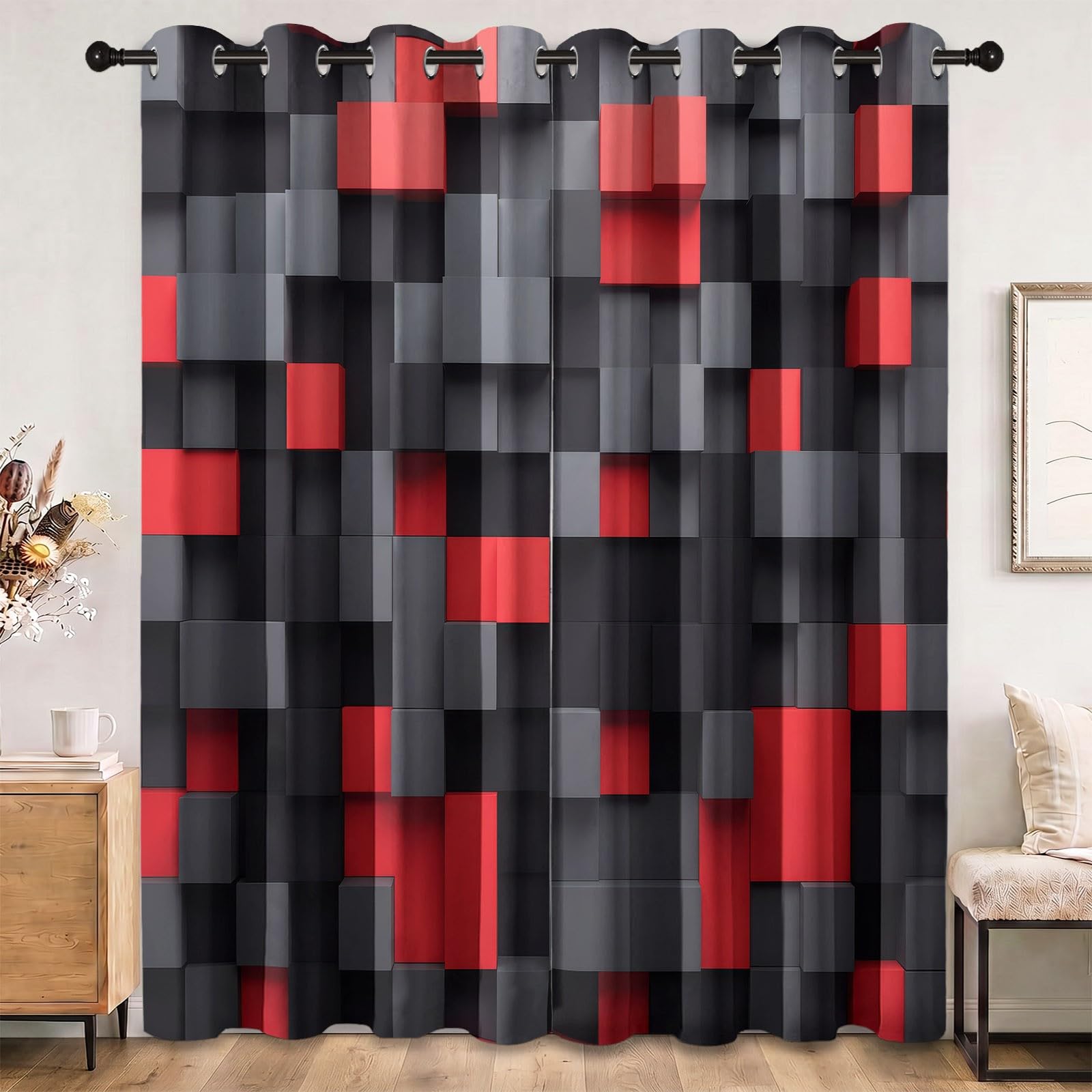 Verdunkelungsvorhänge Modern Minimalistisch, 3D Geometrisch Würfel Quadrate Farbblöcke Vorhänge mit Ösen für Wohnzimmer, H245 x B100 cm 2 Paneele Blickdicht Thermovorhang für Schlafzimmer, Schwarzgrau