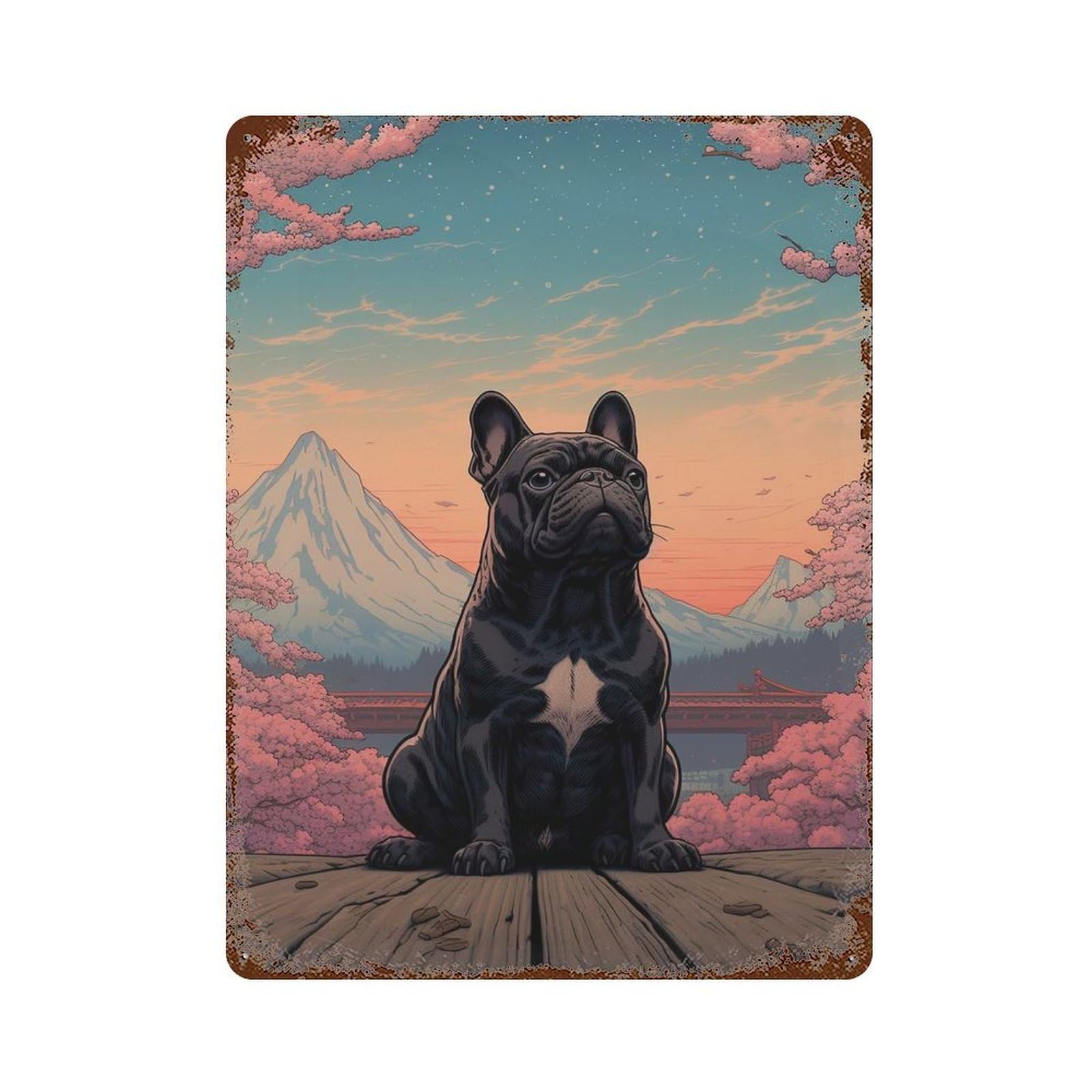 Aged Metal Wall Plaque with French Bulldog Mount Fuji Design 15.7"x11.8", for Garage, Bar And Workshop Decor, Rustic Home Decor