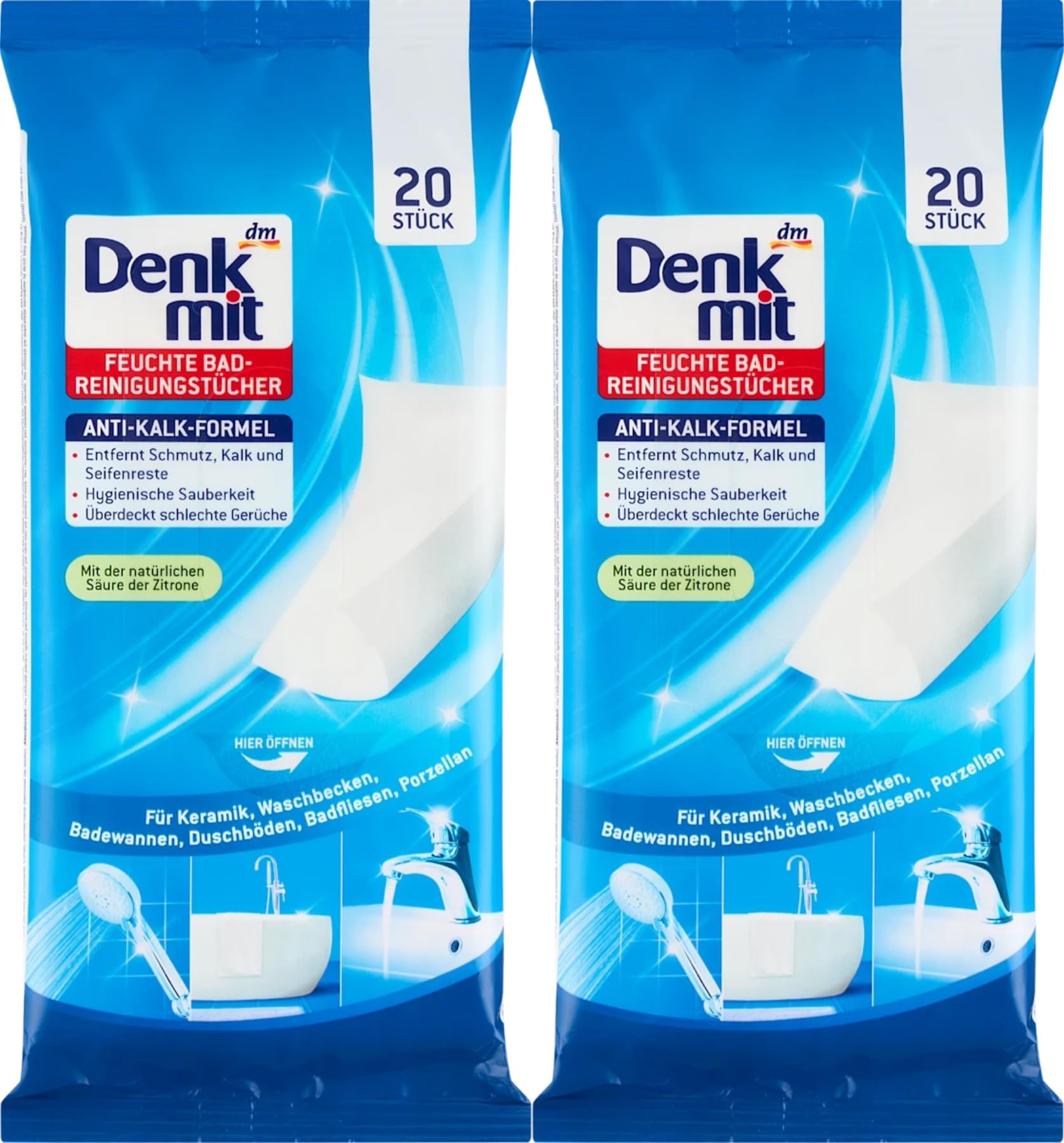 Denkmit 2x20 Wet Cleaning Wipes for Bathrooms with Anti-Limescale Formula – Made in Germany