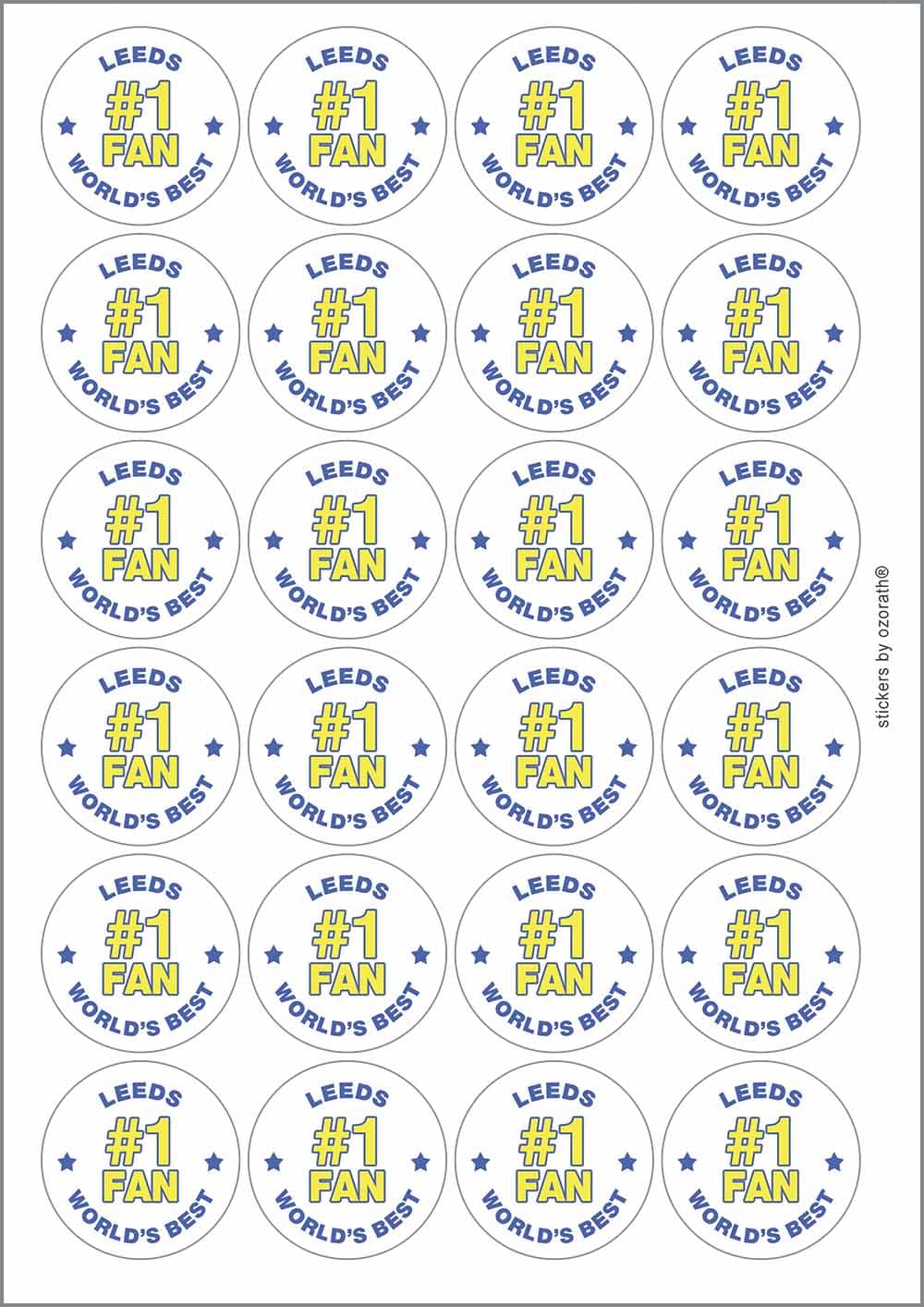 Leeds #1 Fan Circular Matt Paper Stickers A4 Sheet of 24 (Each Sticker is 45mm Diameter)