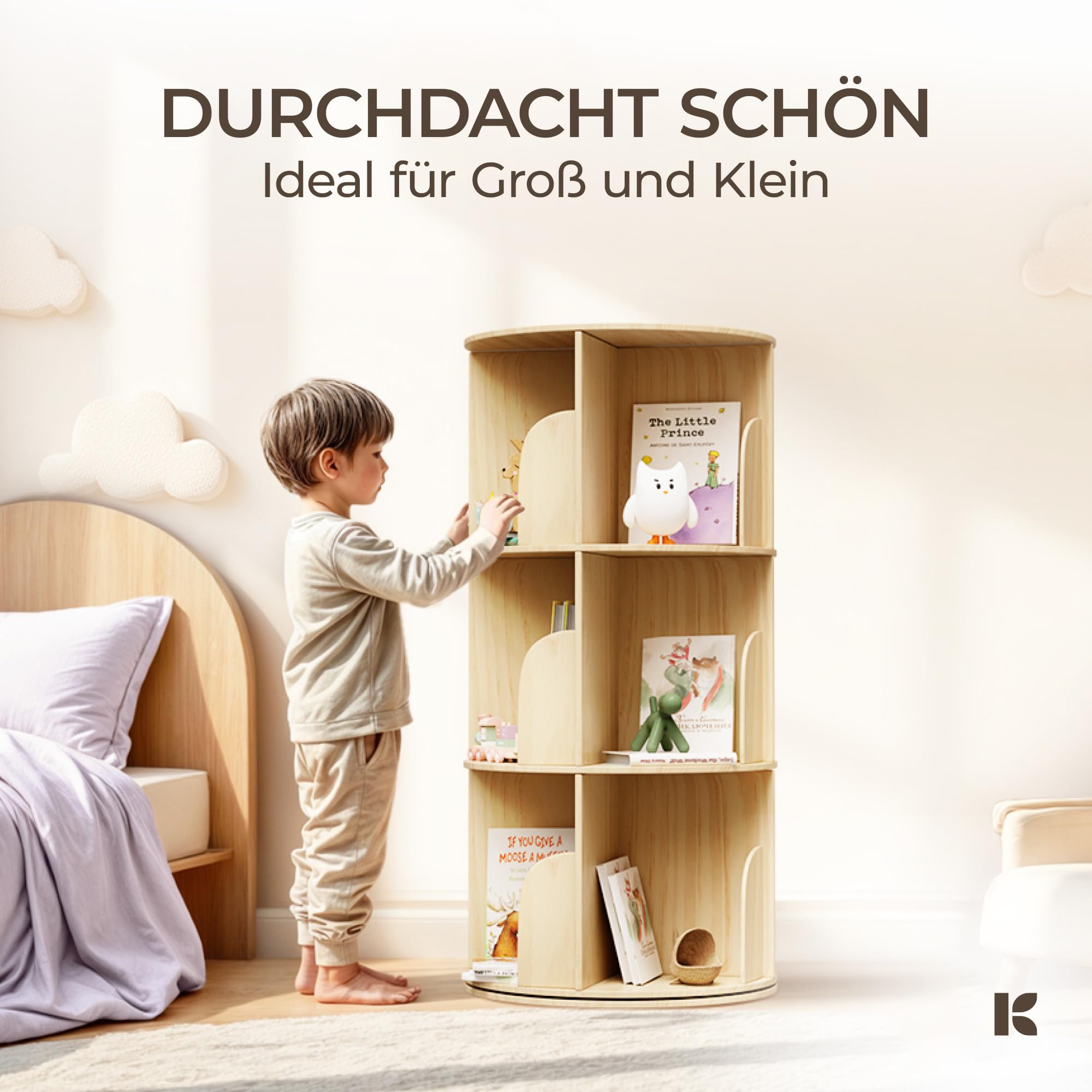 360° Drehbares Bücherregal Kinder - Kiefernholz Bücherregal Drehbar Kinder mit 4 verstellbaren Ebenen 130x46x46 cm - Drehregal, Standregal
