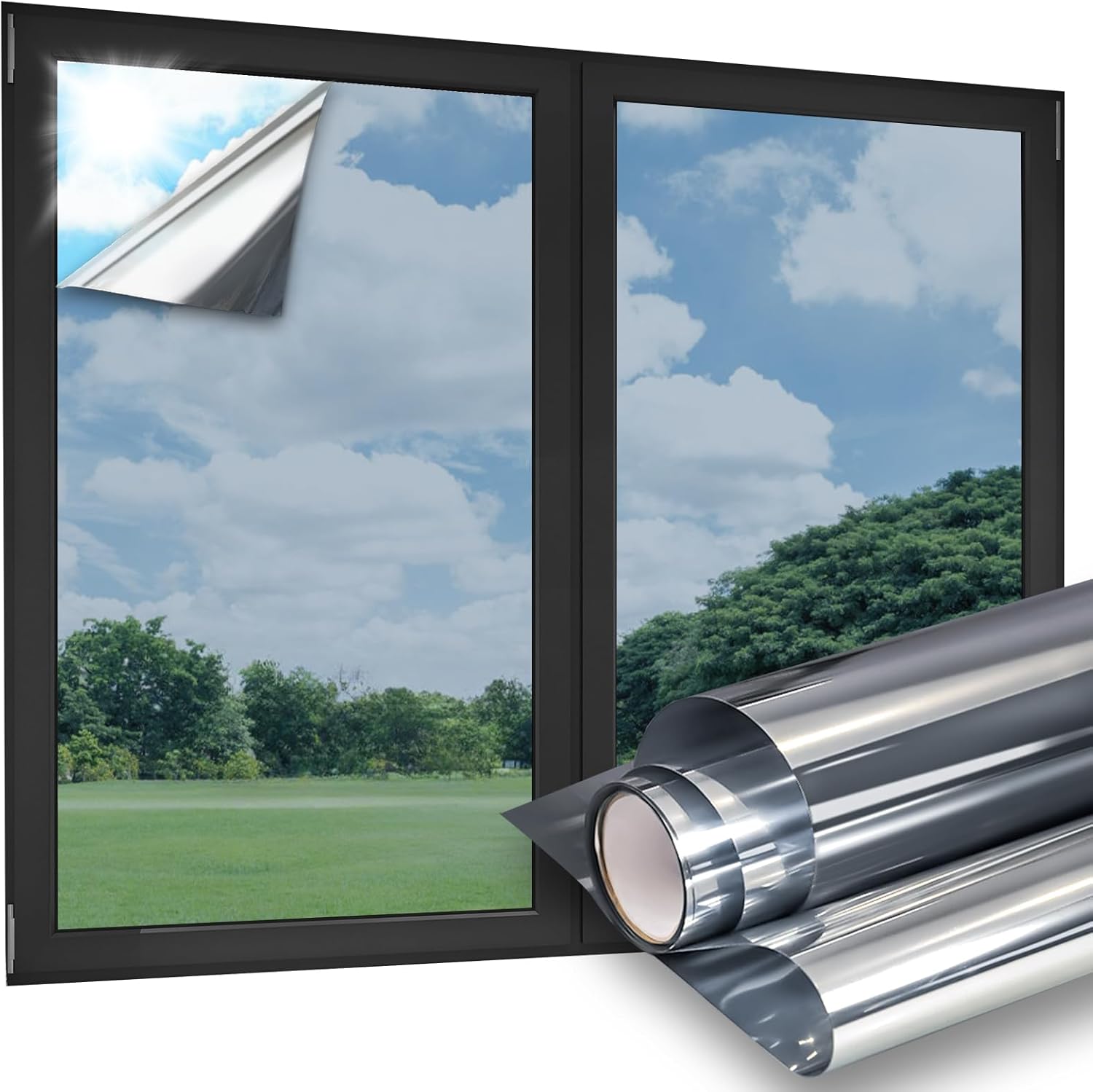 One Way Window Privacy Film, Window Tint for Home Office, Reflective Mirror Window Film Daytime Privacy, Sun Heat Blocking Static Cling Tinting for Glass Windows(Silver-Silver,17.5"x78.7") Silver-silver 17.5" x78.7". Pack of 4
