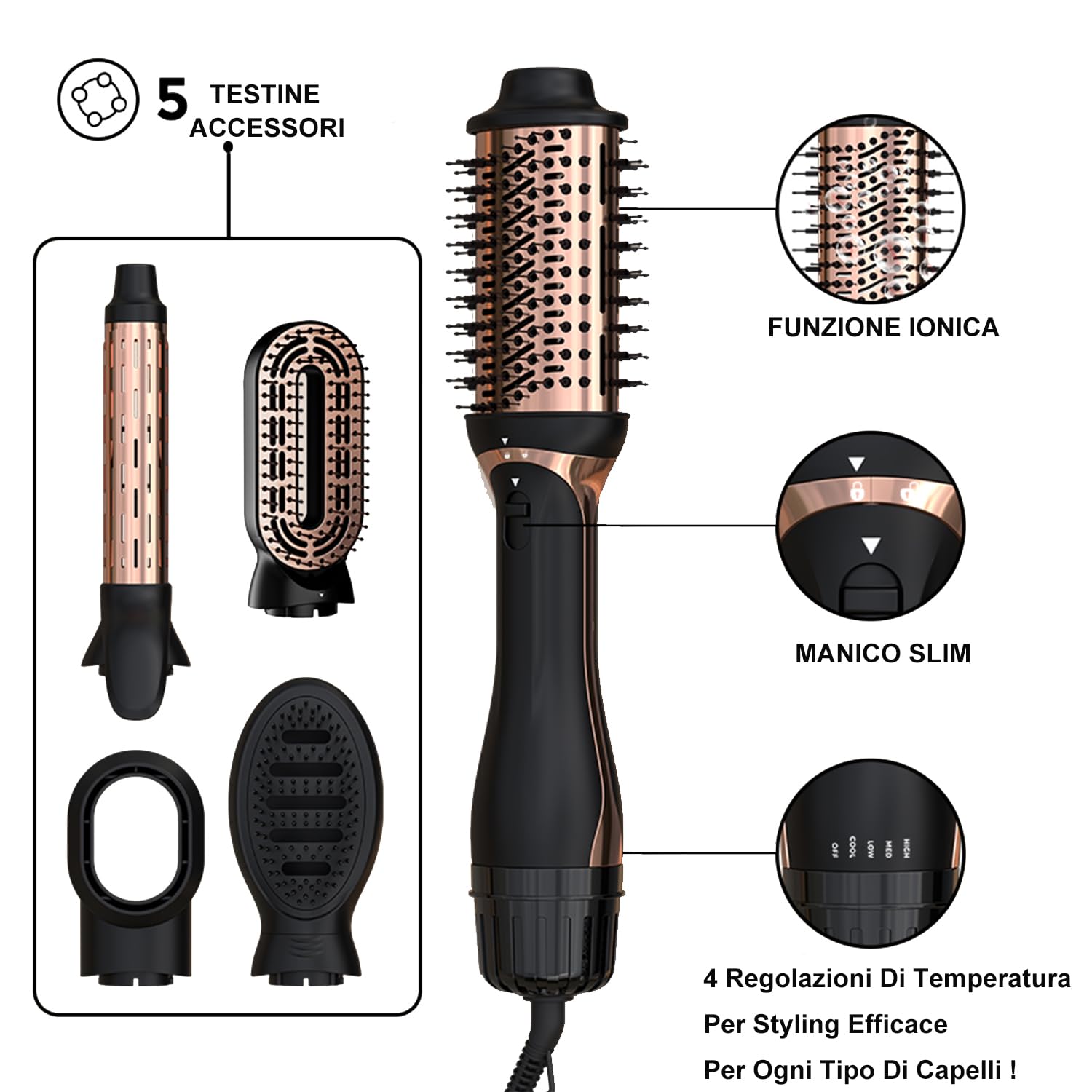 Spazzole ad aria calda 5 in 1, Set di Spazzola Asciugacapelli da 1000W, Styler per Capelli, con Asciugacapelli, Spazzola lisciante, Ferro Arricciacapelli, Volumizzante, 4 temperature