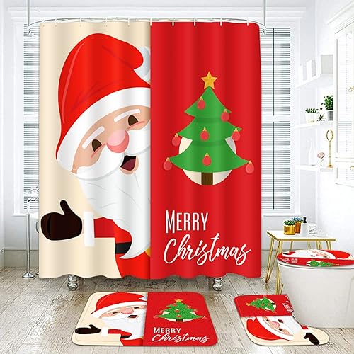 Britimes Juego de 4 cortinas de ducha de Navidad, alfombra antideslizante, tapete de baño y tapa de inodoro, decoración de baño de Papá Noel con 12