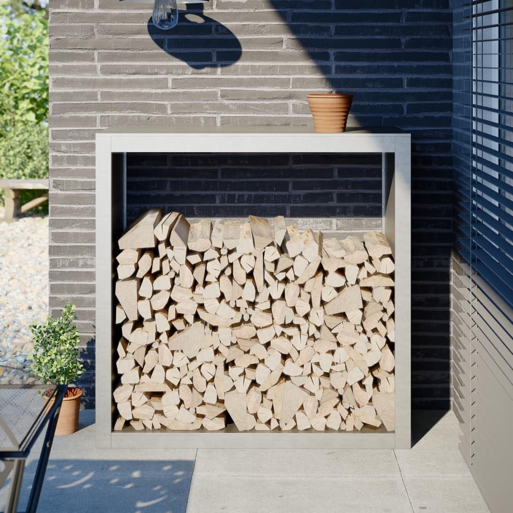 Gecheer Brennholzregal außen Kaminholzregal Metall Feuerholzregal Kaminholzunterstand Kaminholzständer Kaminholzkorb Holzlager Holzstapelhilfe für Garten Terrasse, 100x40x100 cm Edelstahl