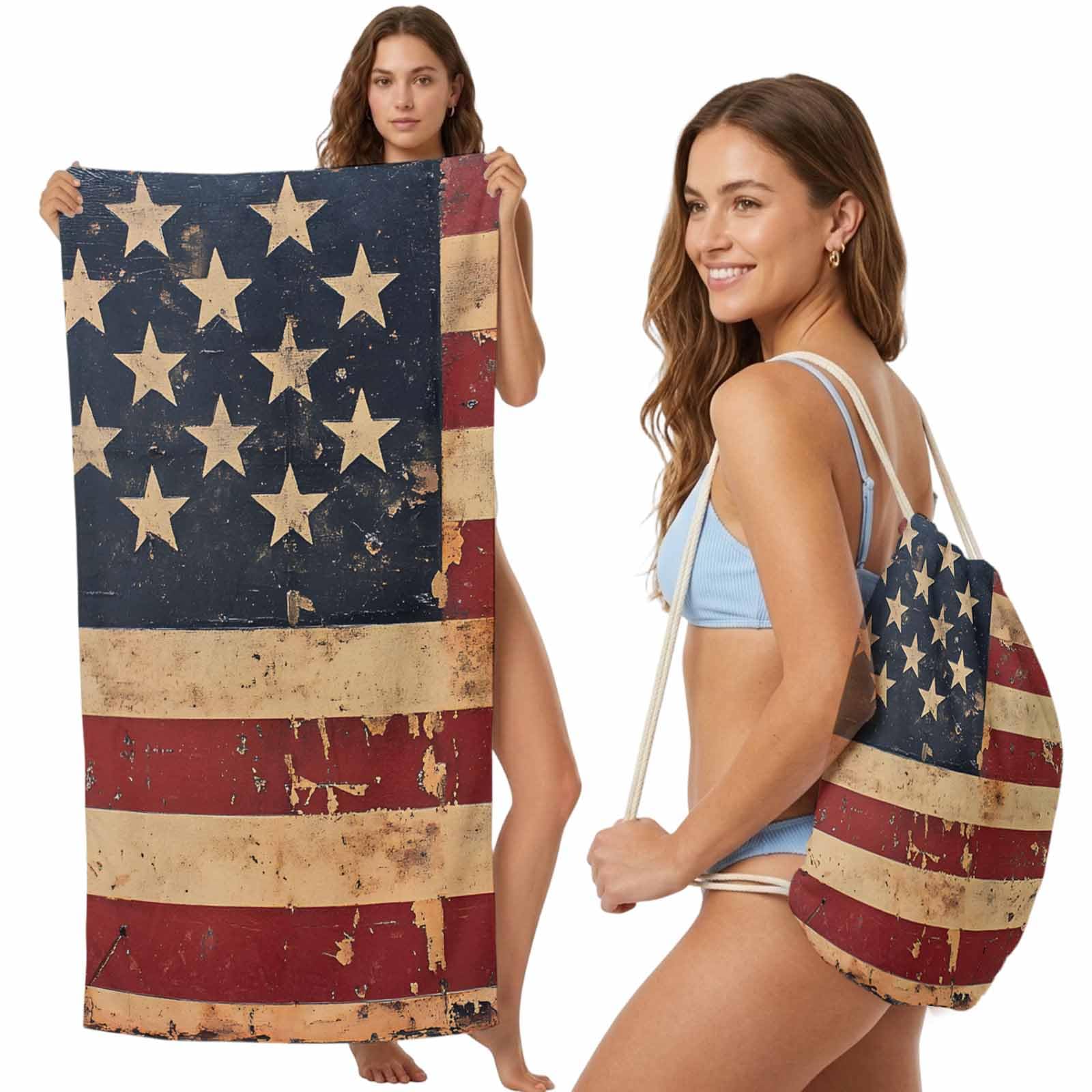 FWJZDSP 4th of July Beach Towel Bag 2 in 1 Vintage American Flag Bath Pool Towels Backpack Patriot USA Flag Absorbent Beach Towel Soft Quick Dry Towels Drawstring Bag for Travel Camping Sports Picnic