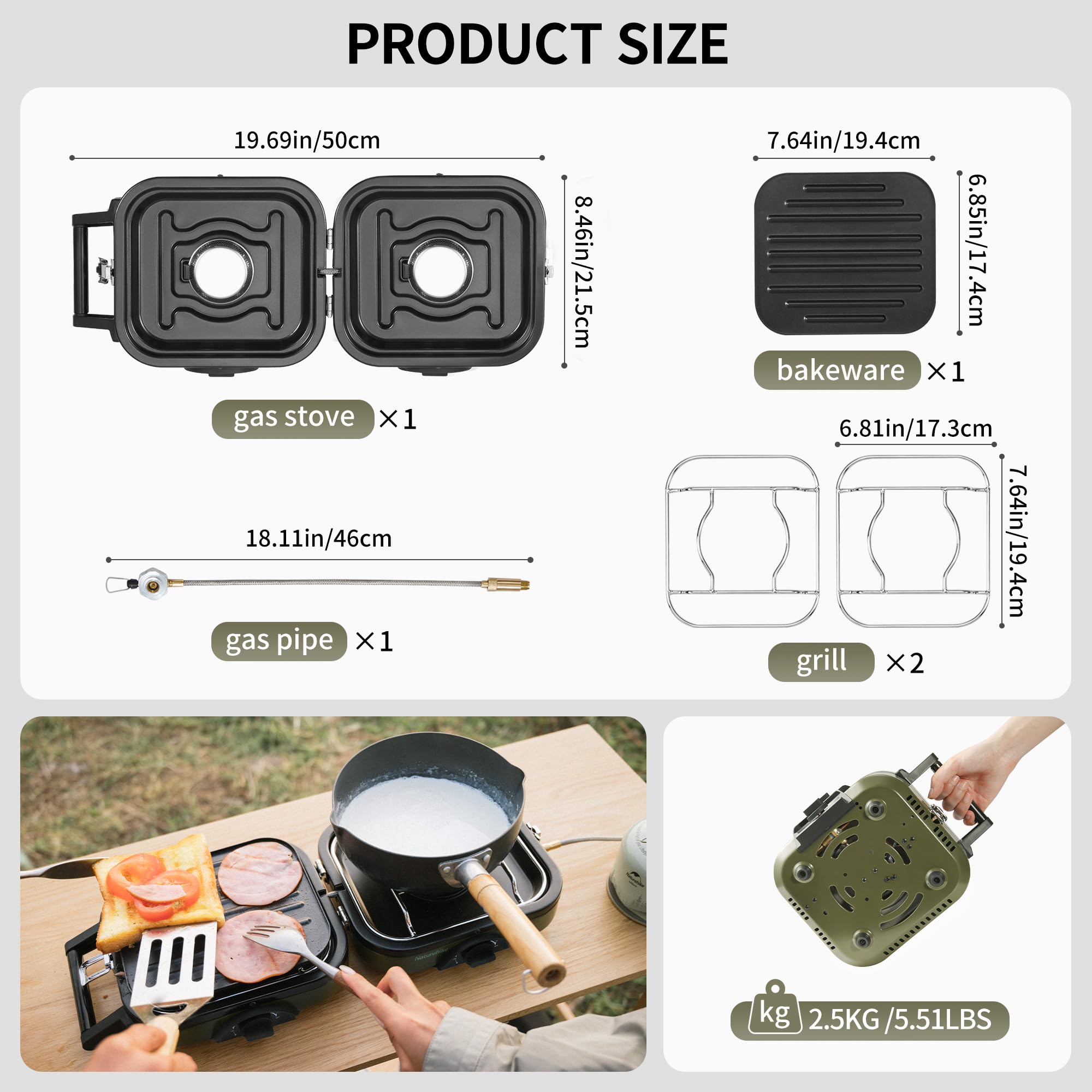 Naturehike Réchaud à gaz de camping pliable 2 en 1 avec plaque de gril, réchaud à gaz portable, 2 brûleurs réglables, allumage piézoélectrique, compatible avec mélange de carburant isobutane