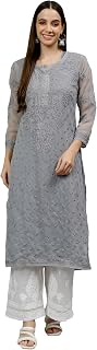 Hand Embroidered Lucknowi Chikankari Georgette Women's Straight Kurta with Slip SCL4496