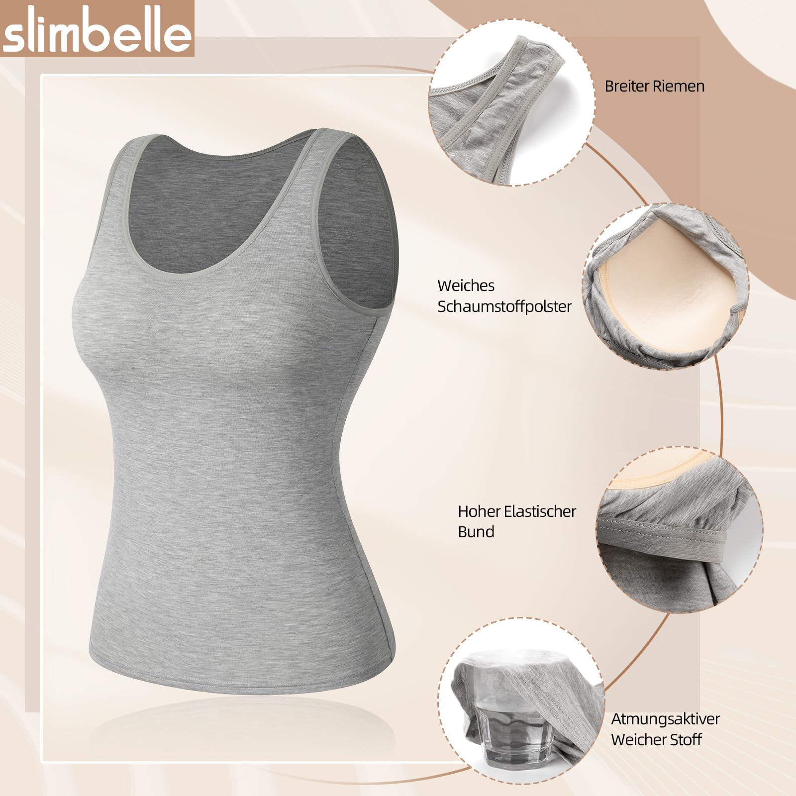 SLIMBELLE Damski biustonosz podkoszulek Basic Tank Tops ze zintegrowanym biustonoszem, szerokie ramiączka, bezszwowa podeszwa, bez fiszbin, wyściełana koszula, okrągły dekolt, koszula z braletką
