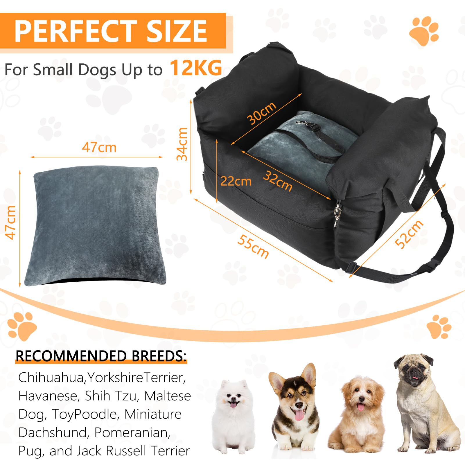 Avmvnvc Asiento Perro Coche Pequeño, Cama Perro Coche Portátil 2-in-1, Asientos Elevadores de Coche para Perros con Cojín Desmontable y Lavable, Correa de Seguridad y Bolsillos Laterales, Negro