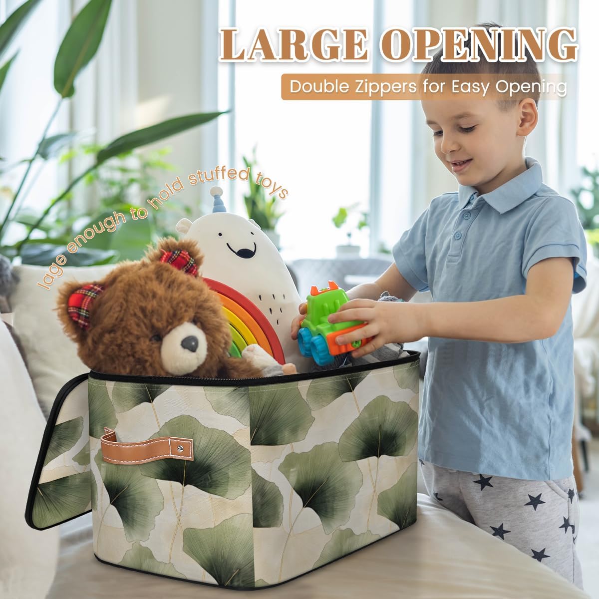 Storage Bin Set of 2 Green Leaves Storage Basket with Zipper Lid & Handle Foldable Closet Shelf 2 Pack Cloth Organizer Basket Cube Bins Clothes Organizer for Bedroom, Nursery