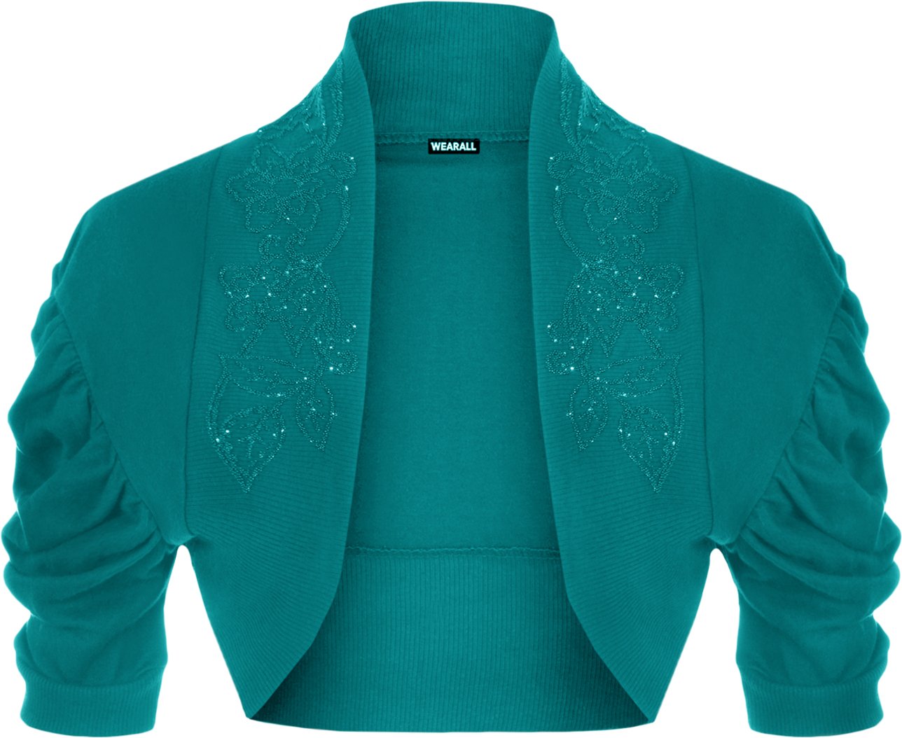 Wearall Women's Teal Ruched Shrug Beaded Design Short Sleeve Bolero Cardigan Top 12/14
