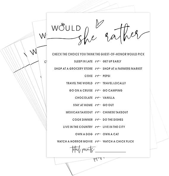 ZIIUFRN Bridal Shower Games, Would She Rather, 5x7 Inches
