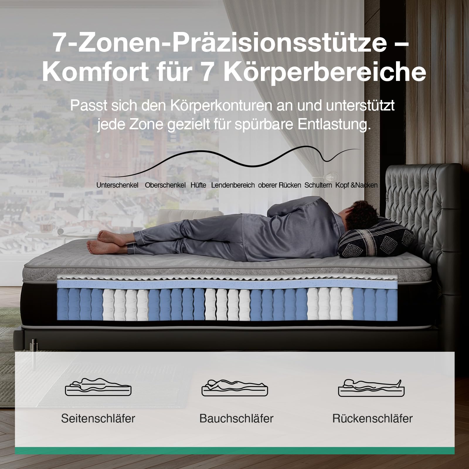 Novilla Matratze 180x200 cm, Härtegrad H3 und H4, 30 cm Höhe 7-Zonen-Stützung Hybrid, Memoryschaum und Federkernmatratze mit Taschenfedern, Kühlende & atmungsaktive Bezug, Öko-Tex Zertifiziert