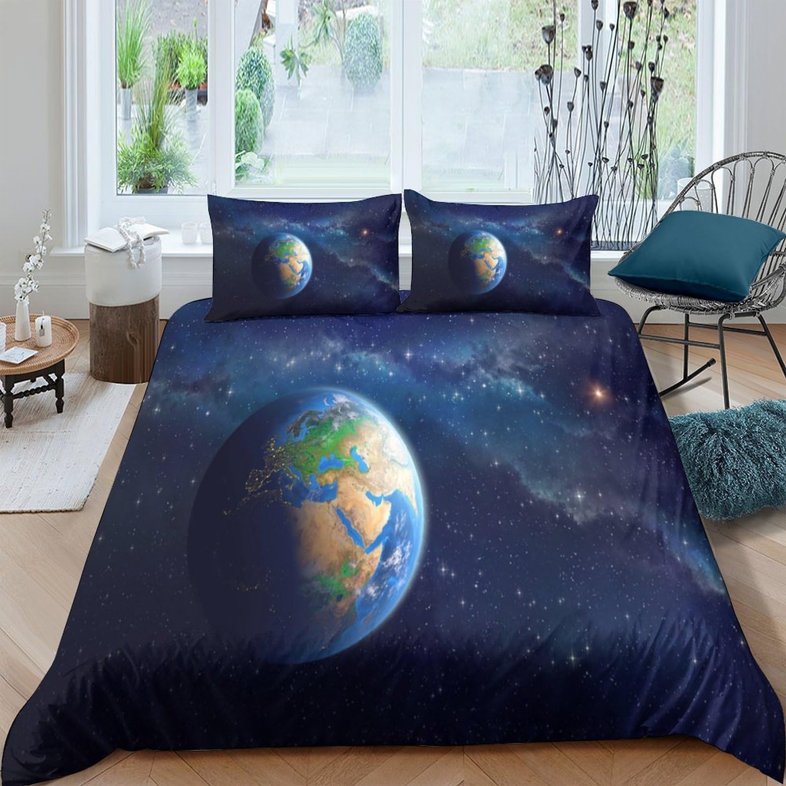 GPLZQXKJNH 3D Printed Earth Space Duvet Cover Microfiber Soft Breathable Cosmos Bedding Set with 2 Pillowcases for Bedroom Decor Single（135x200cm）