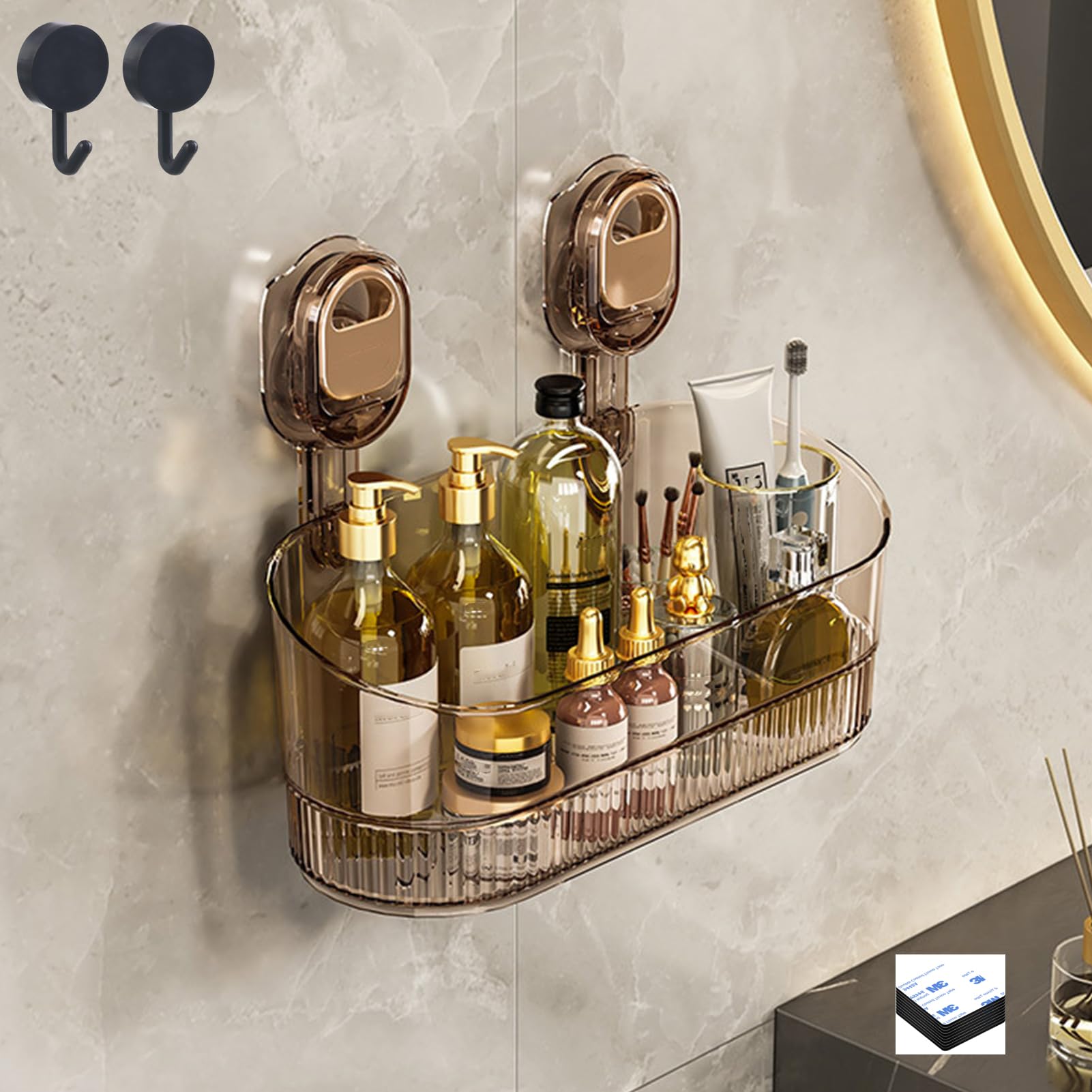 No-Drill Bathroom Suction Storage Box Large Capacity Strong Load-Bearing Removable Hanging Shower Basket Caddy Organizer Drain Rack with