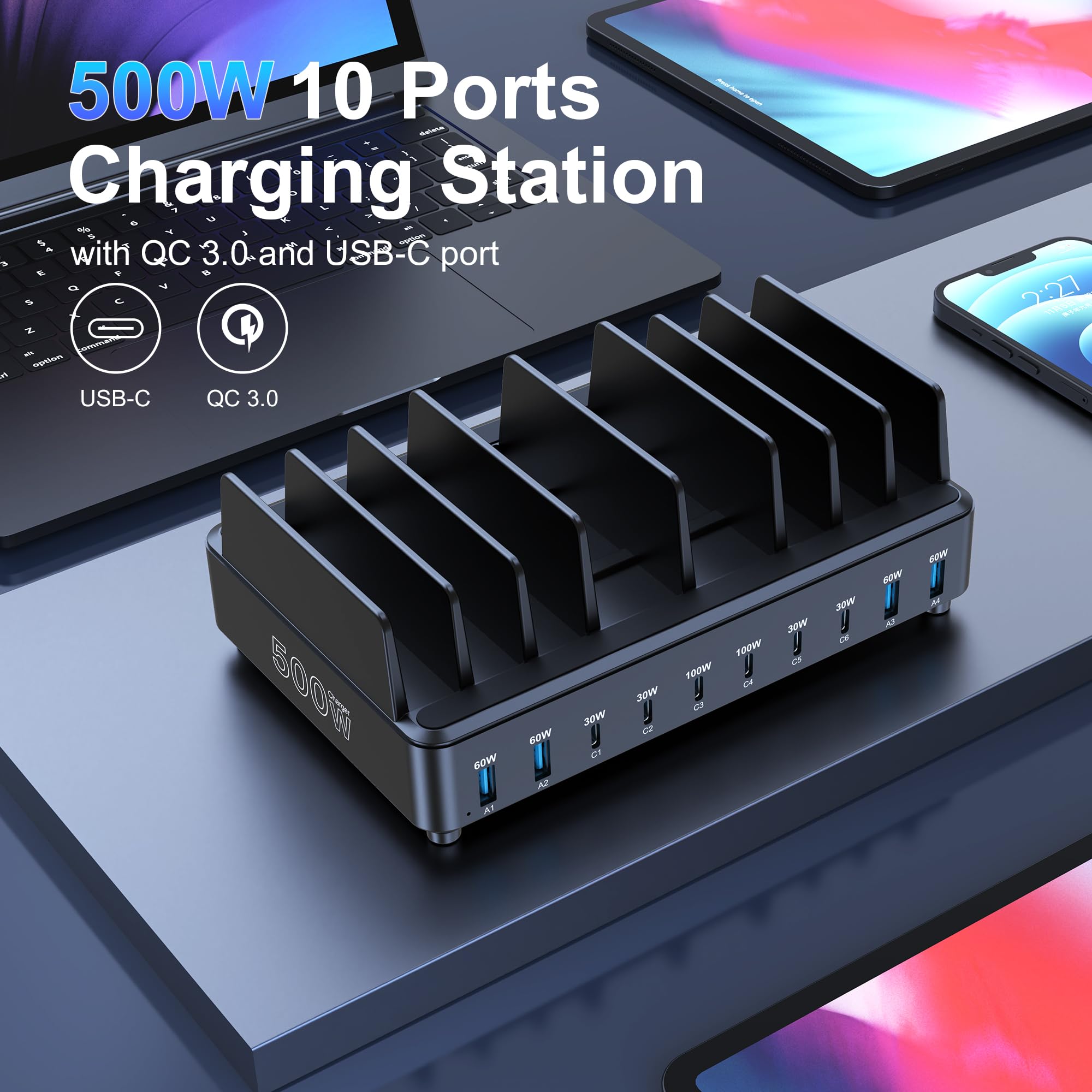 CHIPOFY Estación de carga de 500 W para múltiples dispositivos, estación de carga rápida multiUSB C de 10 puertos con soporte organizador para MacBook Laptop, iPad, iPhone 16 15 Pro Max, Galaxy S25