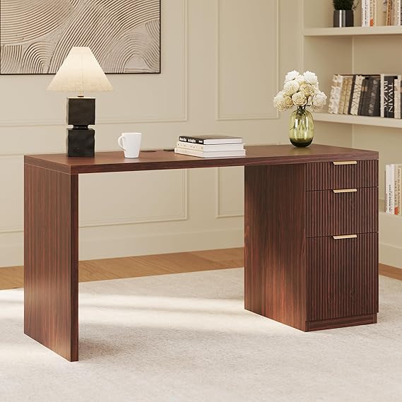 FURSUN 58" Modern Executive Desk with Storage, Home Office Desk with Drawer & Cabinet, Wooden Fluted Desk for Study, Living Room, Bedroom (Dark Walnut)