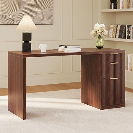 FURSUN 58" Modern Executive Desk with Storage, Home Office Desk with Drawer & Cabinet, Wooden Fluted Desk for Study, Living Room, Bedroom (Dark Walnut)